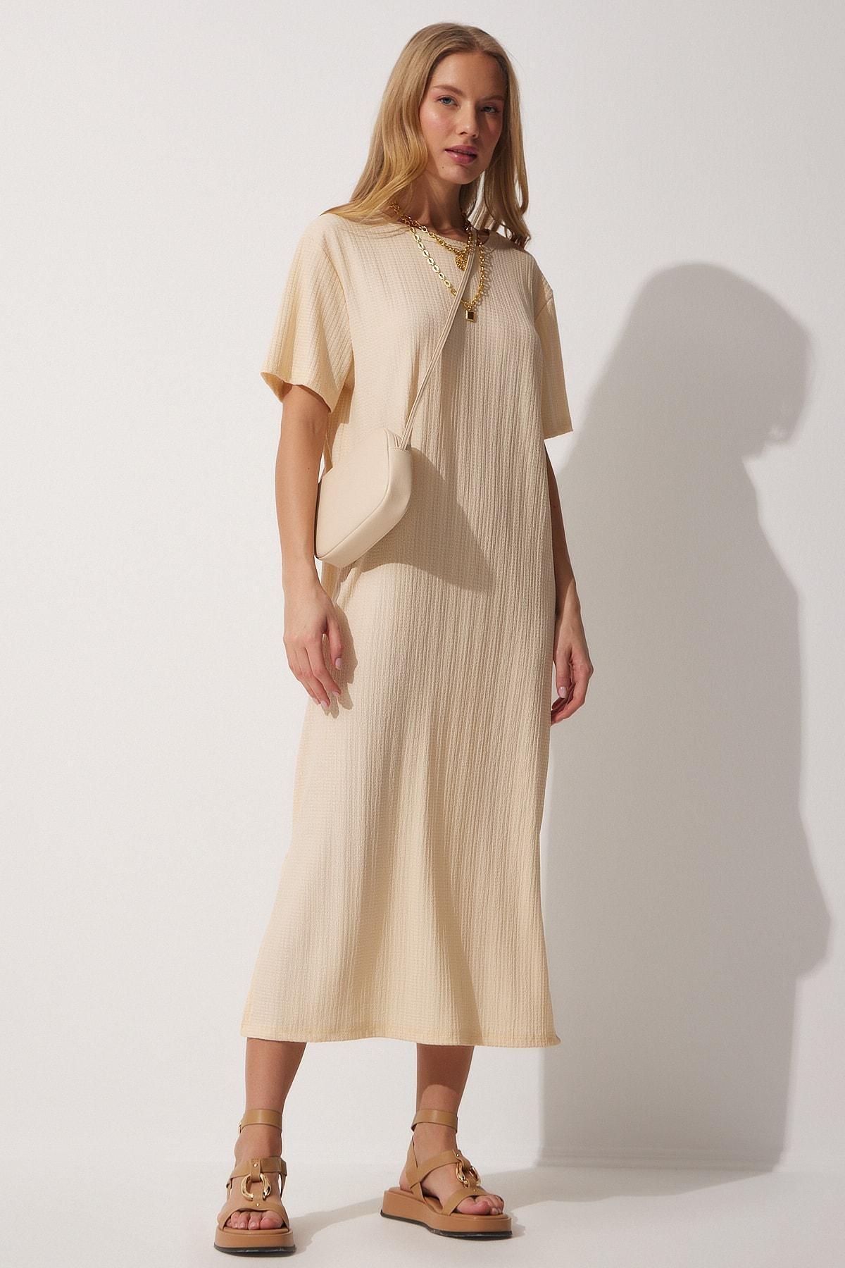 Beige Ribbed Shift Midi Dress, Cream, large image number 1