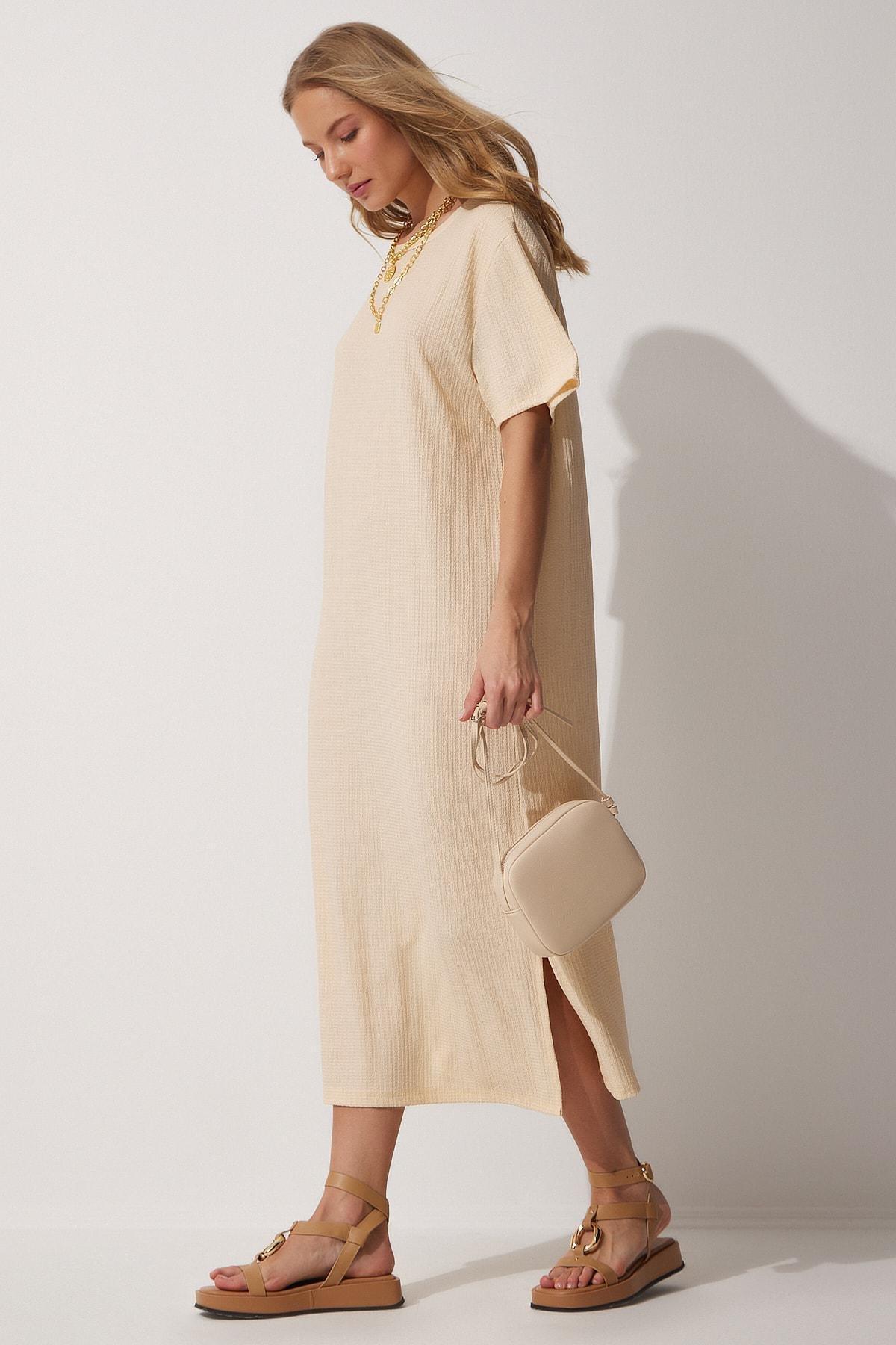 Beige Ribbed Shift Midi Dress, Cream, large image number 2
