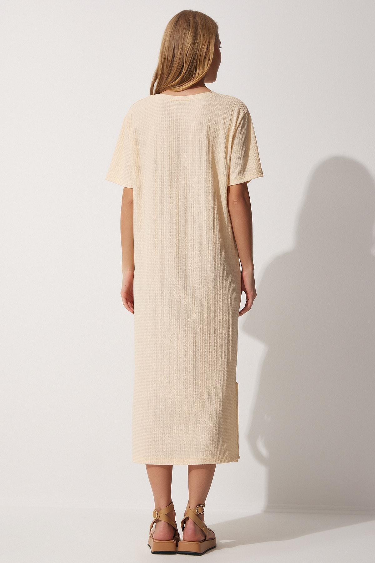 Beige Ribbed Shift Midi Dress, Cream, large image number 3
