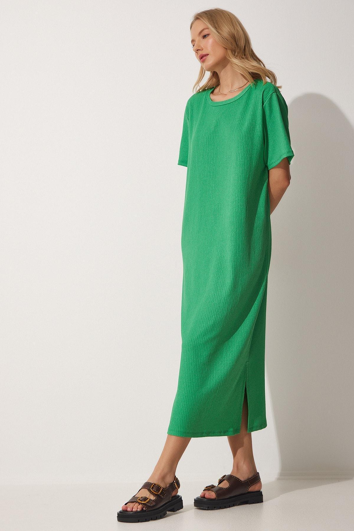 Knitted Plain Shift Midi Dress, Green, medium