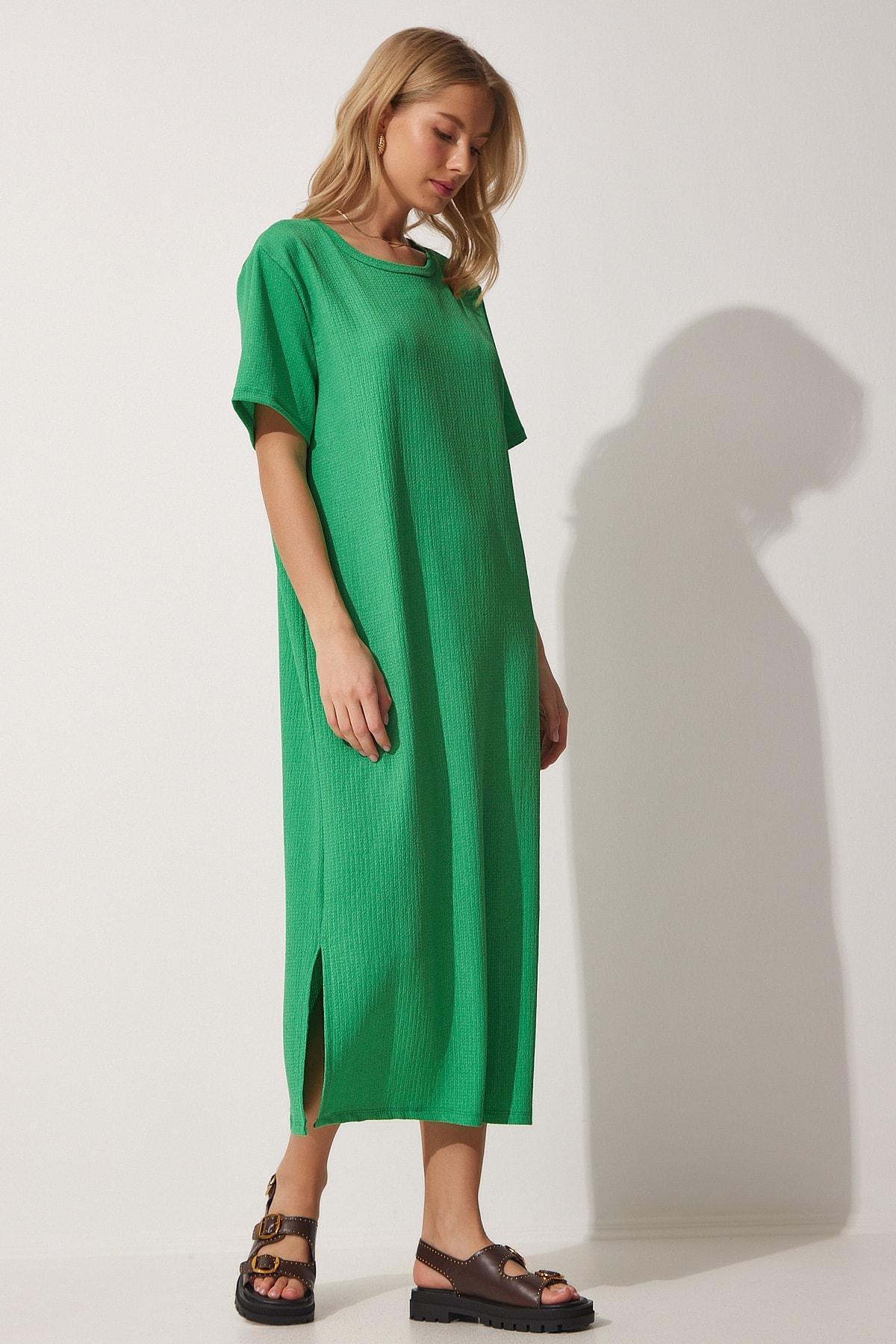 Knitted Plain Shift Midi Dress, Green, large image number 1