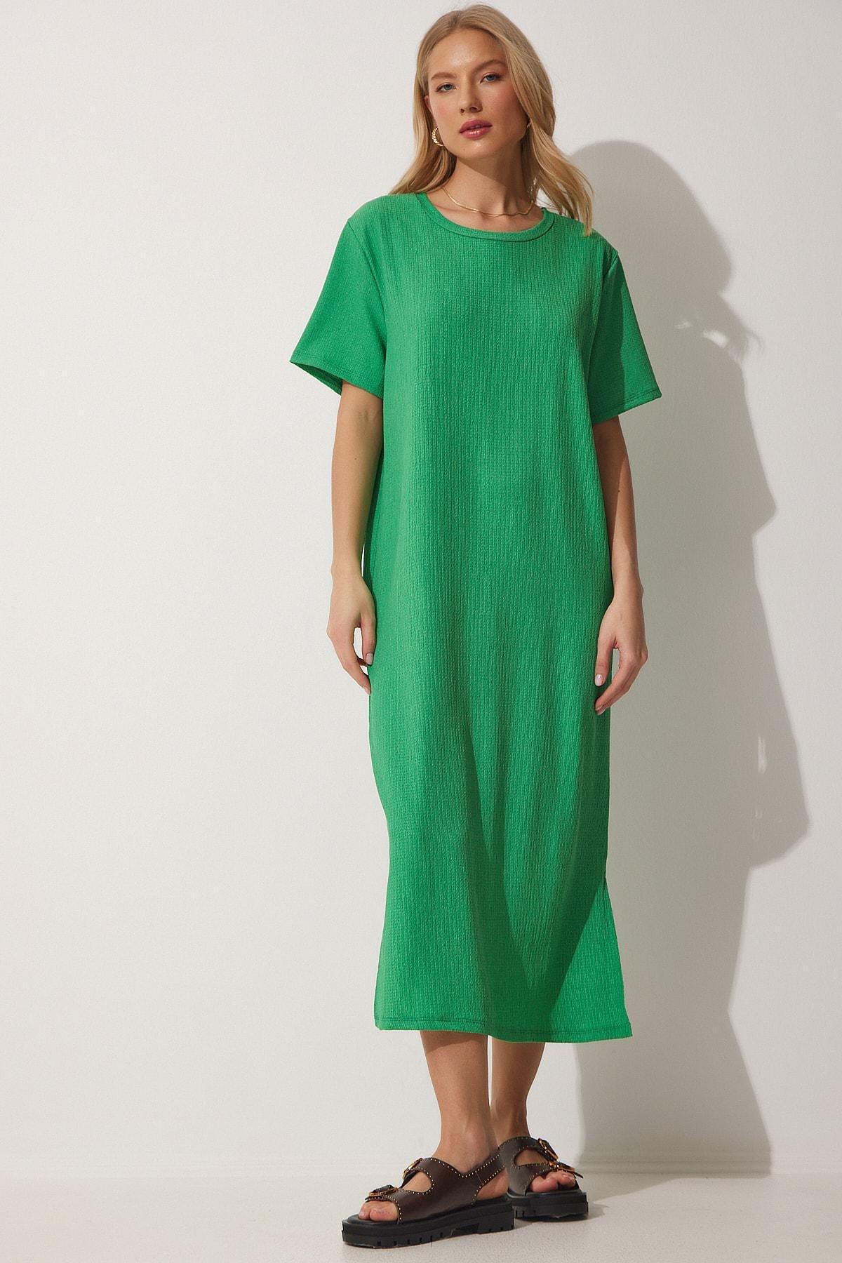 Knitted Plain Shift Midi Dress, Green, medium