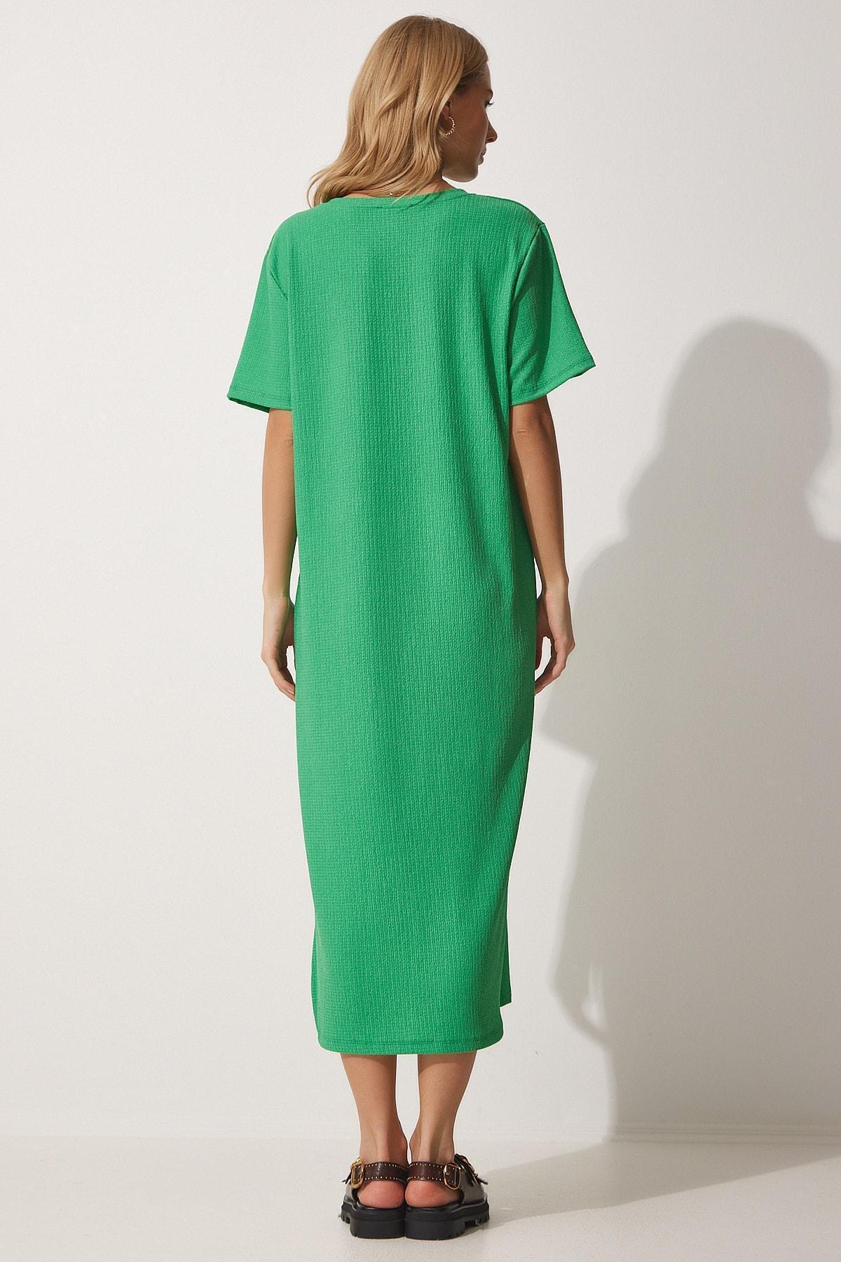 Knitted Plain Shift Midi Dress, Green, large image number 3