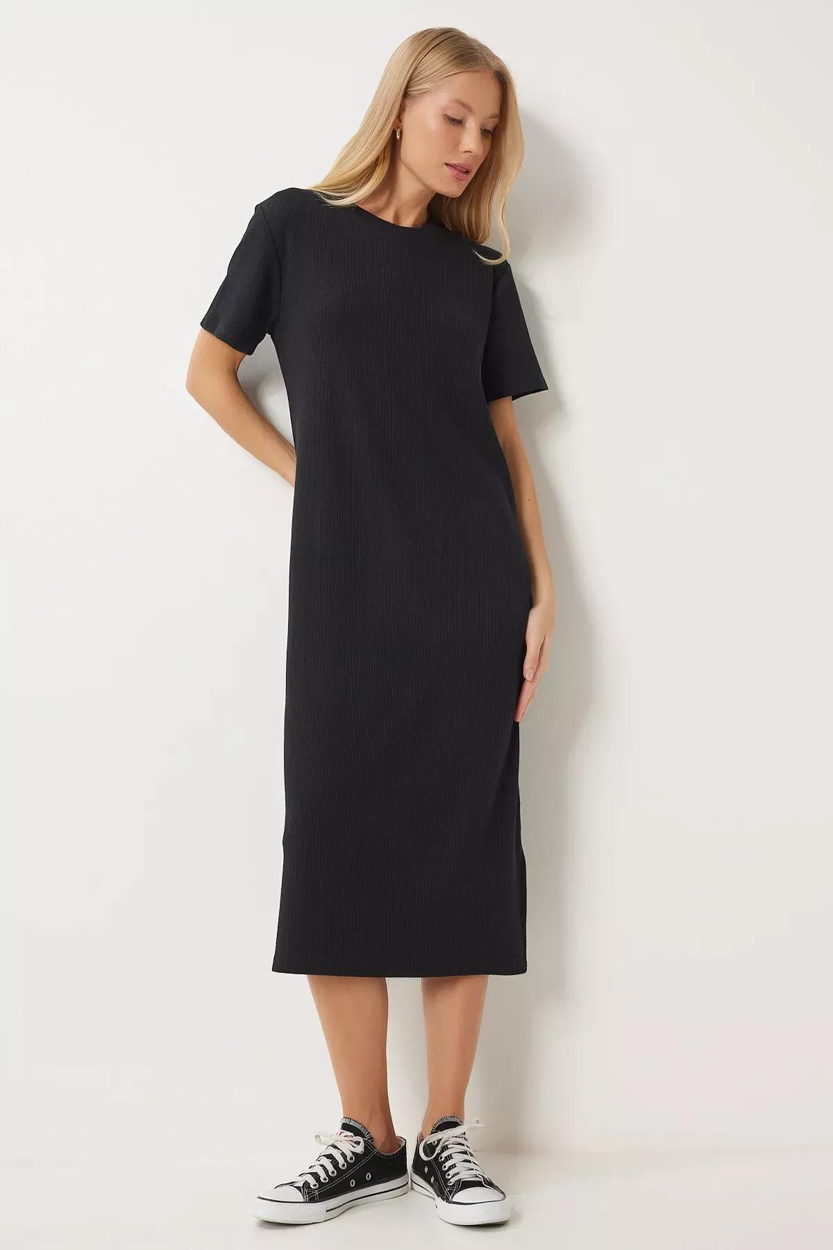 Textured Casual Knitted Dress, BLACK, large image number 0