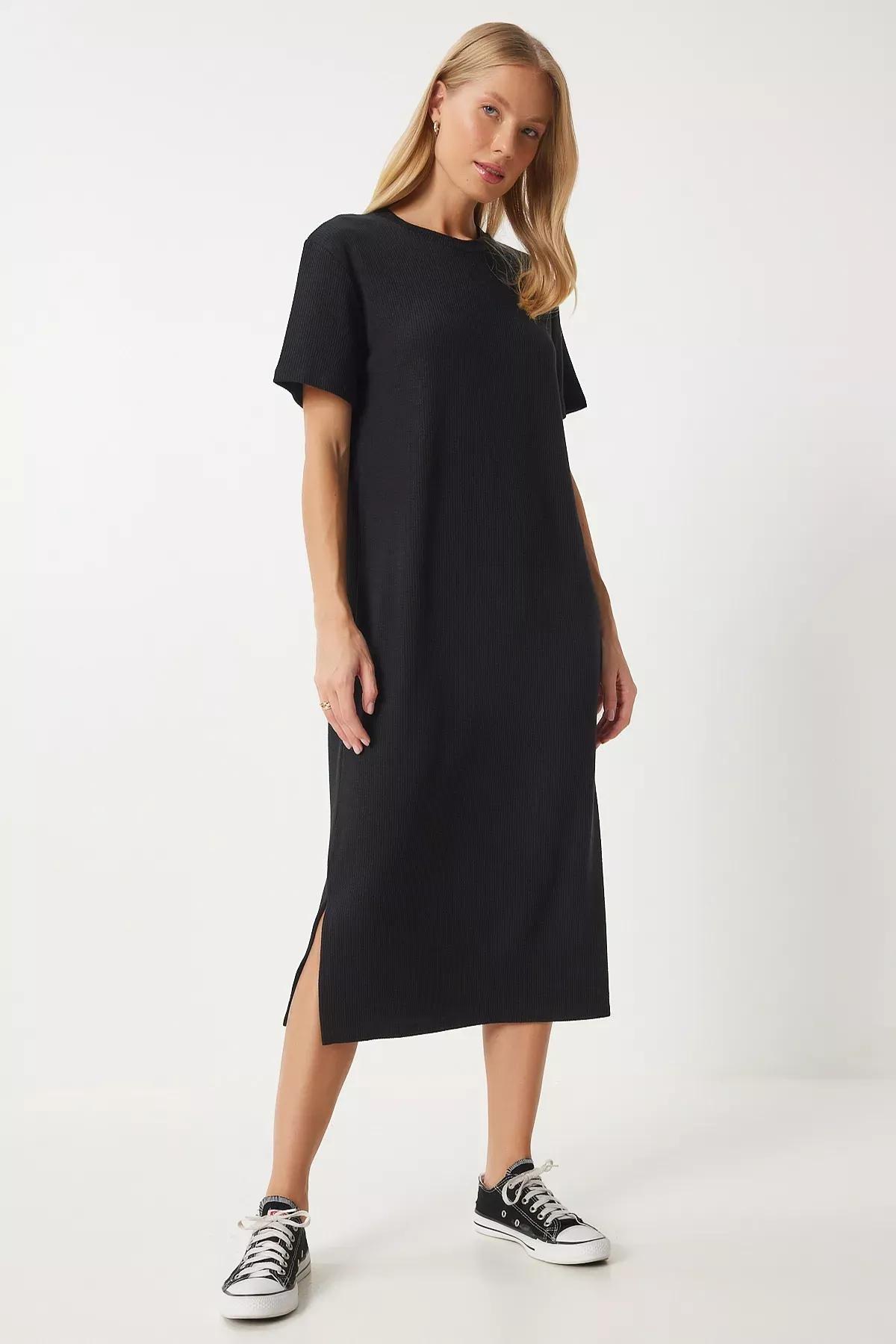 Textured Casual Knitted Dress, BLACK, large image number 1