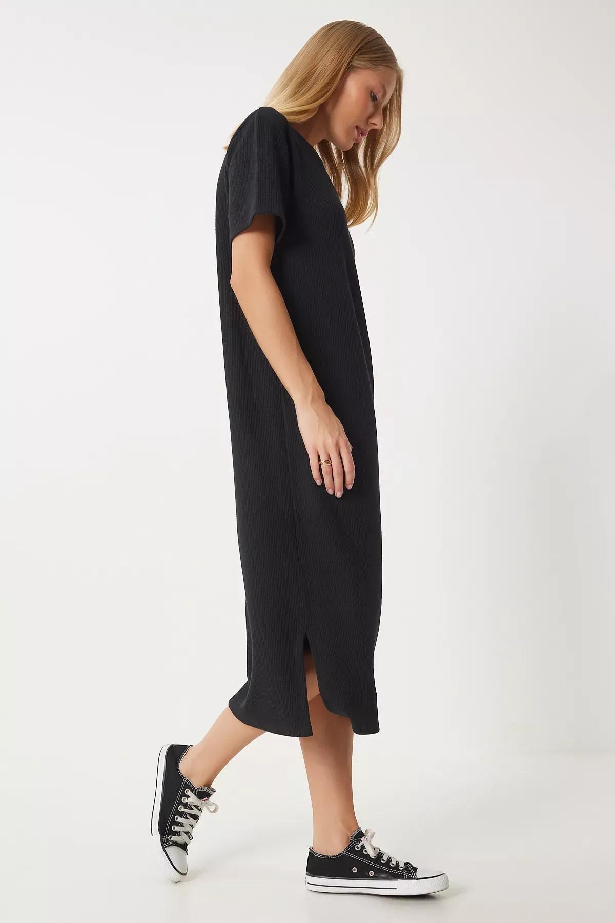 Textured Casual Knitted Dress, BLACK, large image number 2