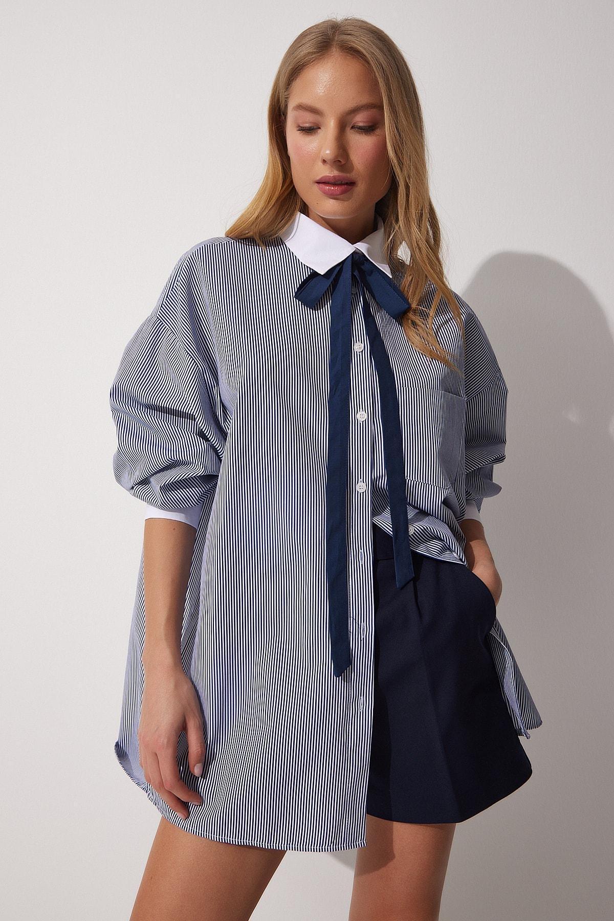 Blue Ruffle Sleeve Cotton Oversize Shirt, , large image number 1
