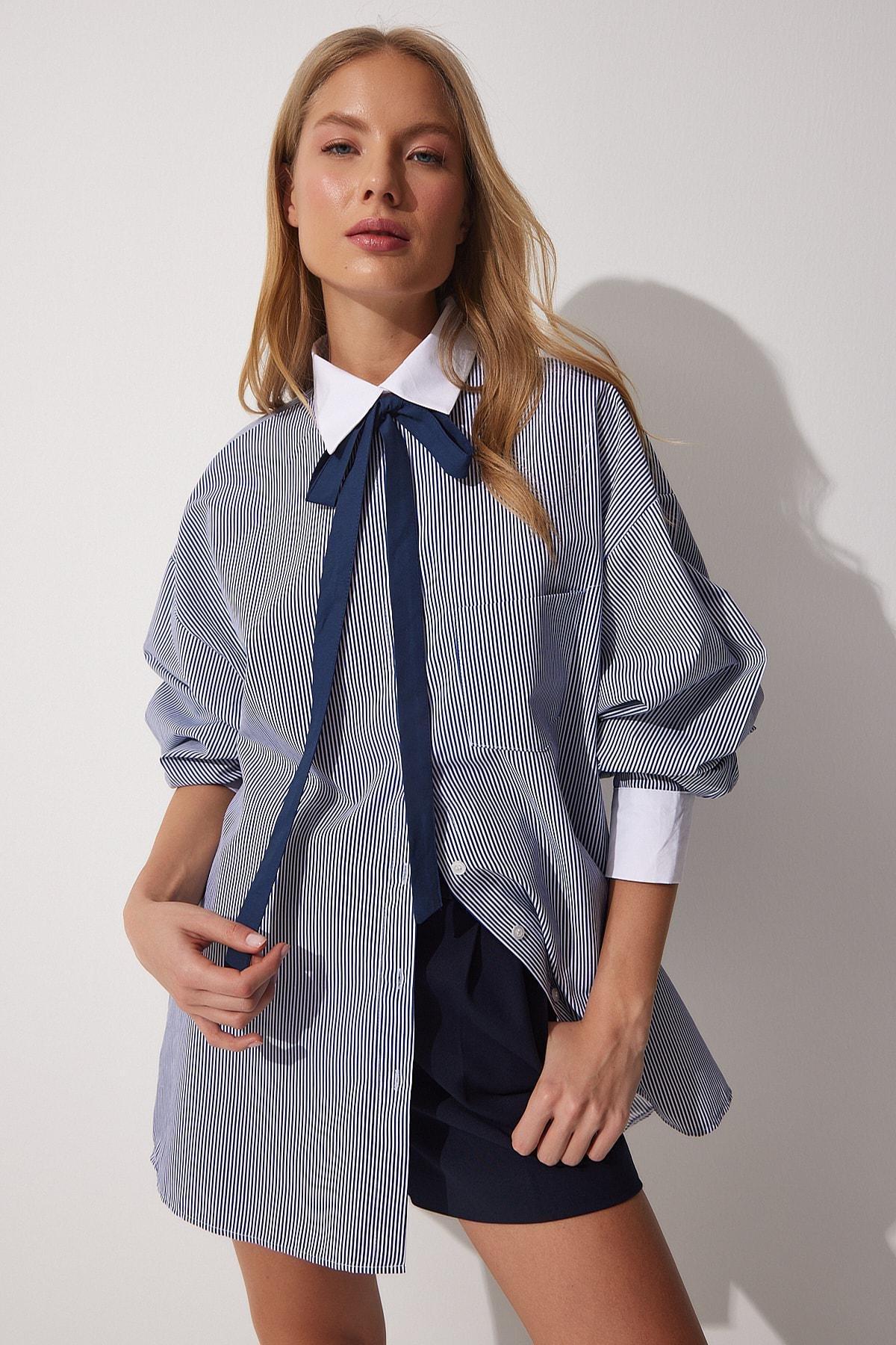 Blue Ruffle Sleeve Cotton Oversize Shirt, , large image number 3