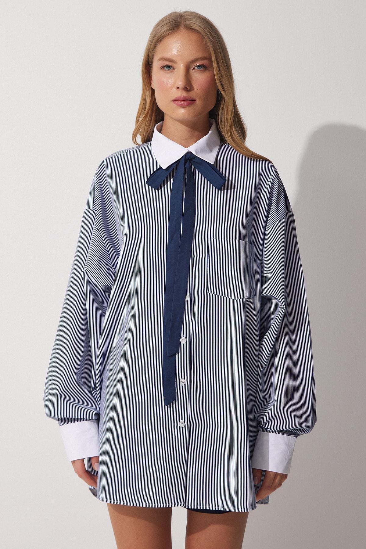 Blue Ruffle Sleeve Cotton Oversize Shirt, , large image number 4