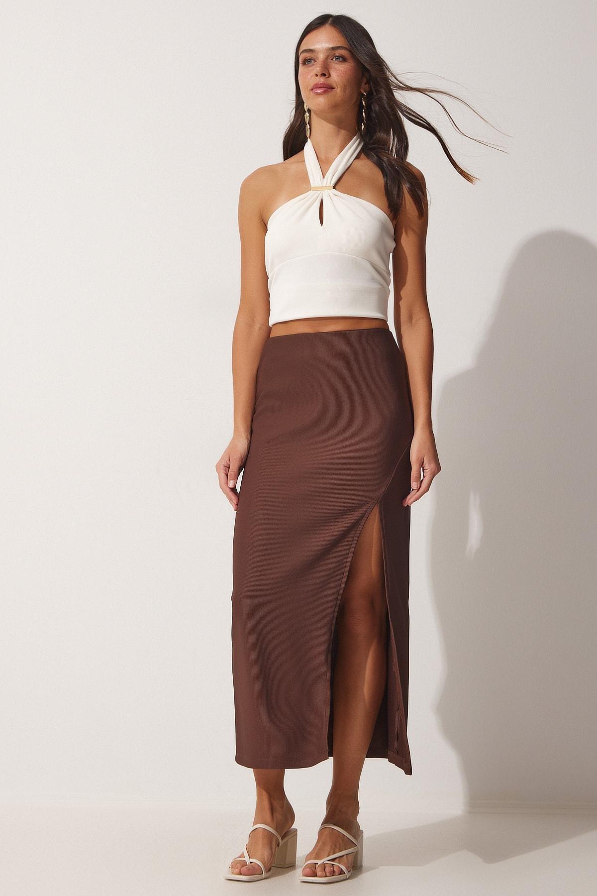 Brown Slit Wrap Maxi Skirt, Brown, large image number 0