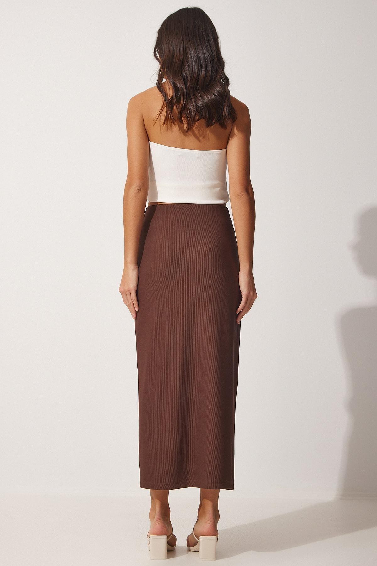 Brown Slit Wrap Maxi Skirt, Brown, large image number 3