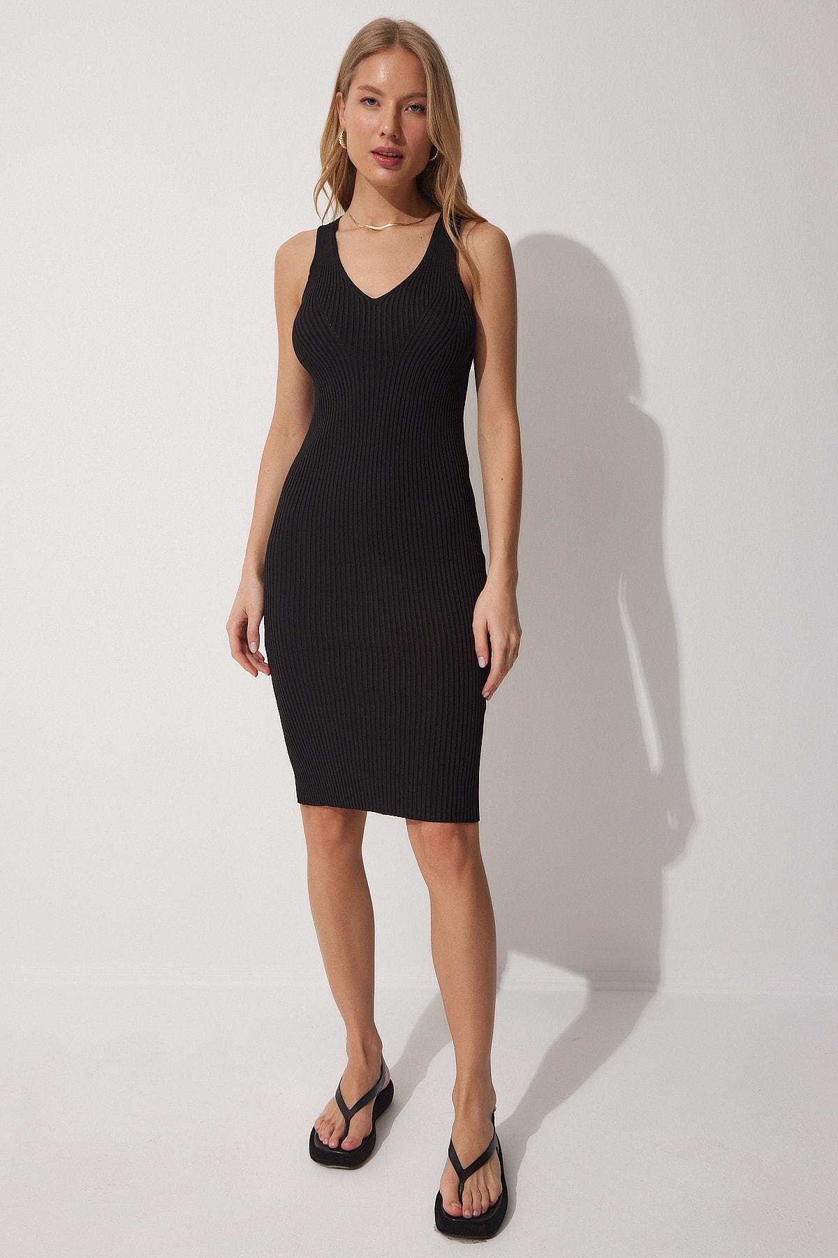 Black V-Neck Ribbed Dress, BLACK, large image number 1