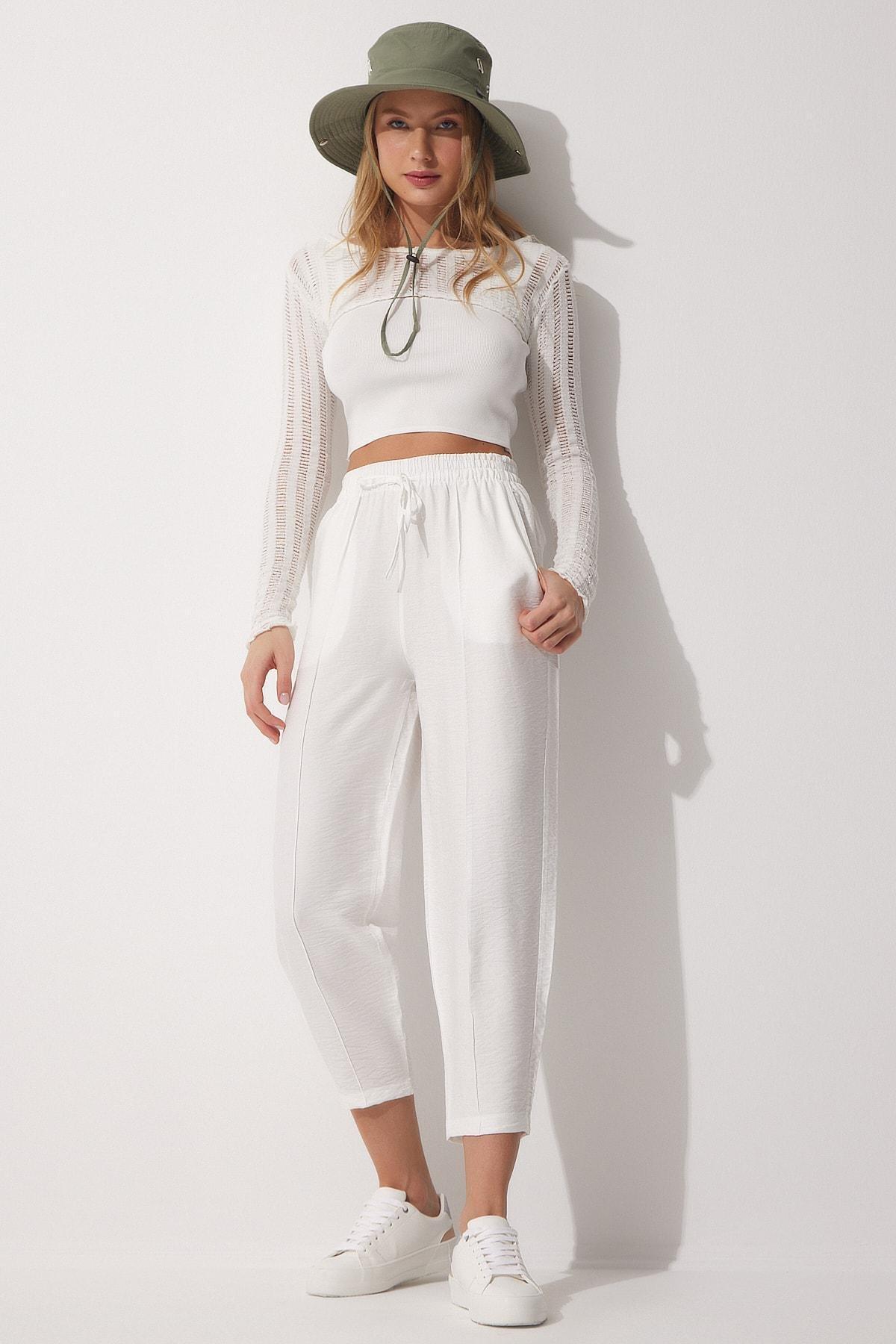 White Linen Carrot Pants, , large image number 0