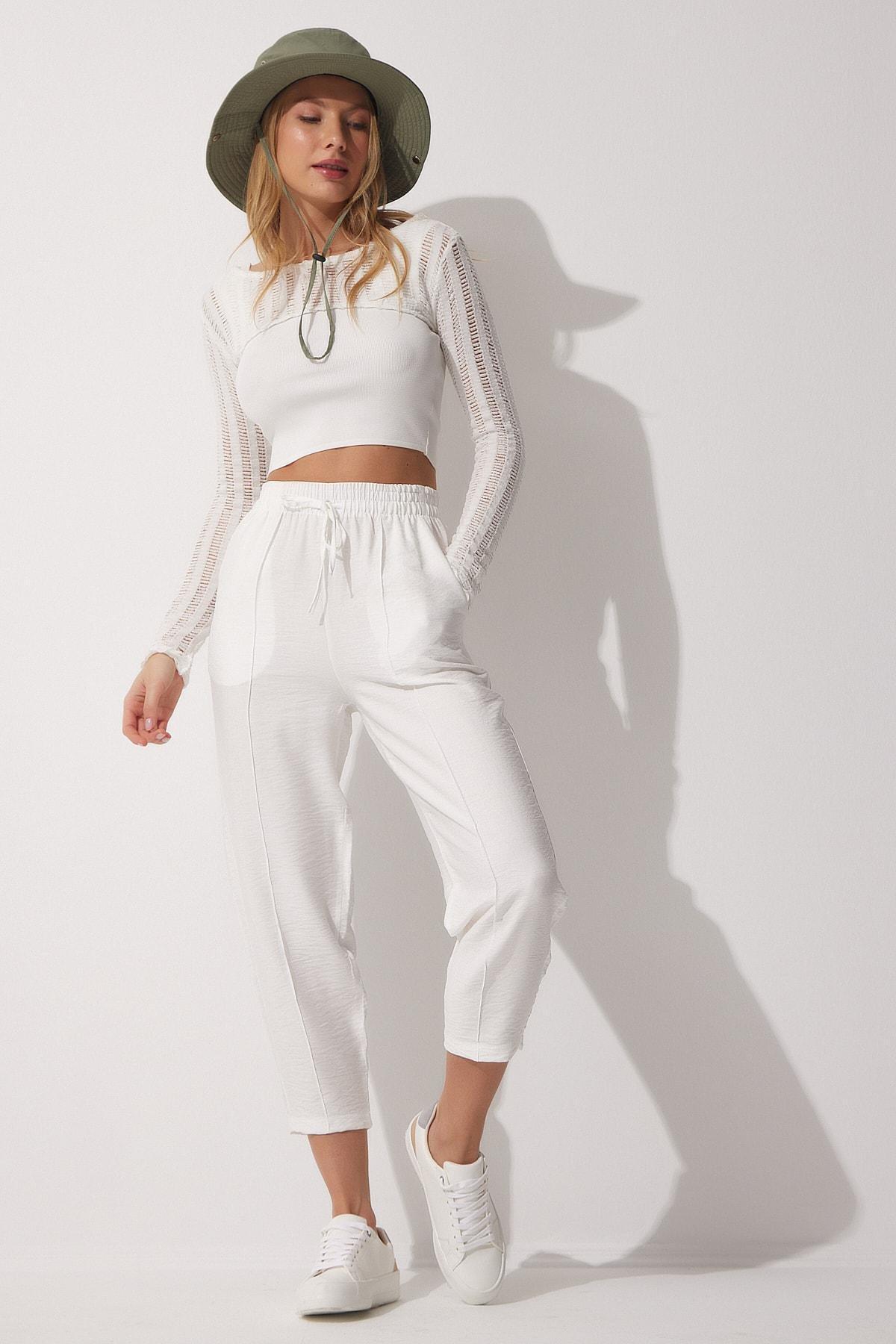 White Linen Carrot Pants, , large image number 1
