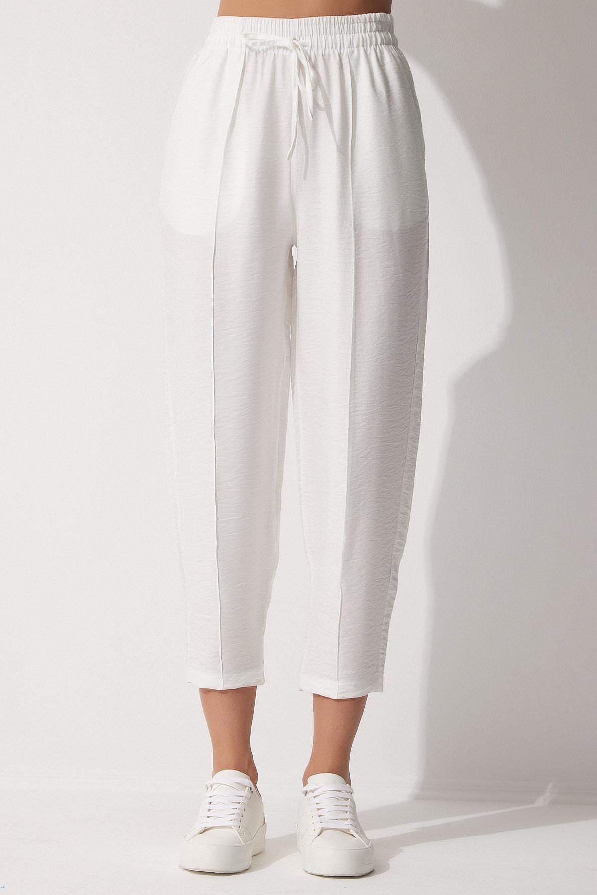 بنطال كتان بقصة كاروت، أبيض, White, large image number 3