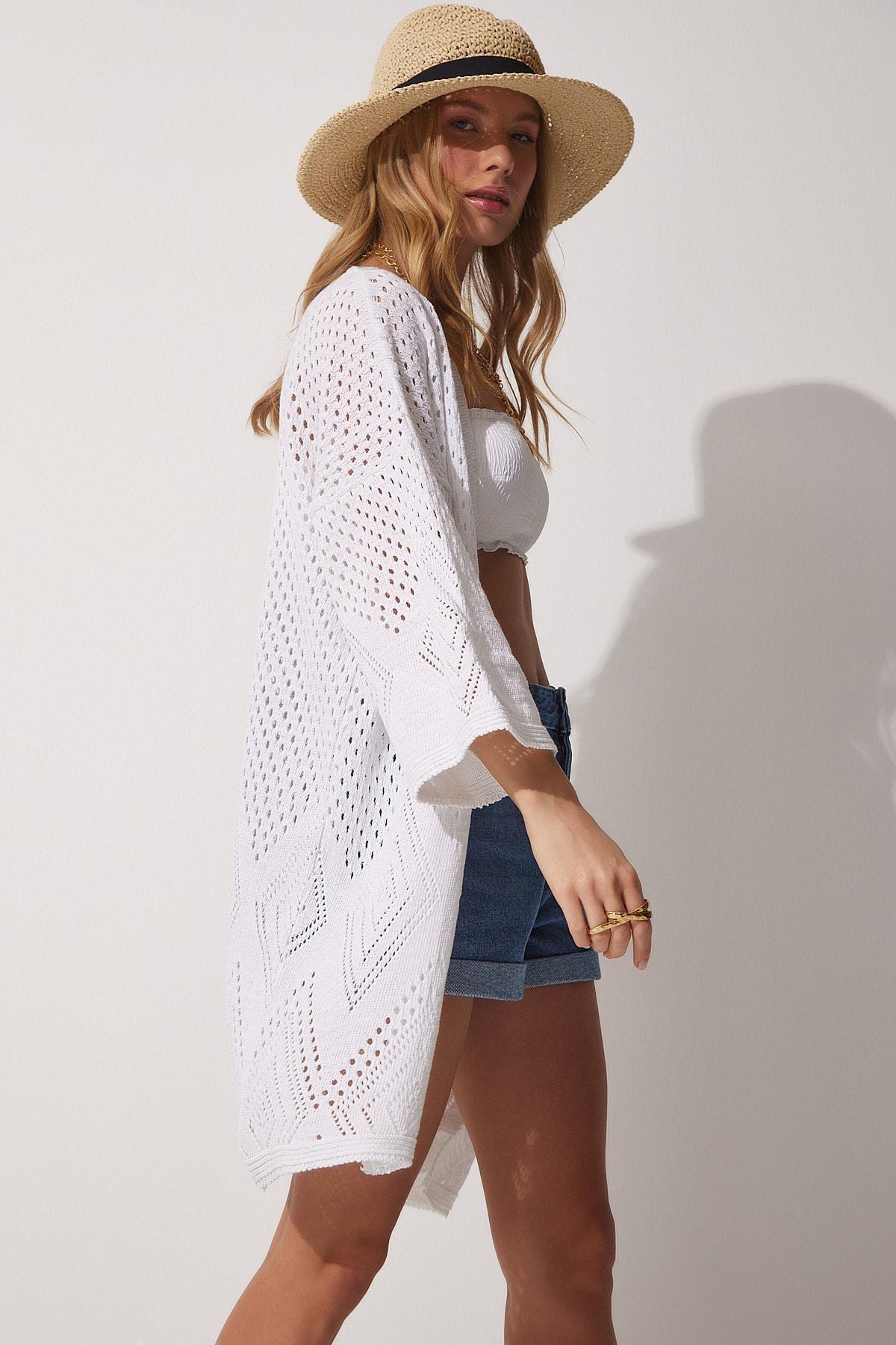 White Openwork Knitwear Kimono, , large image number 2