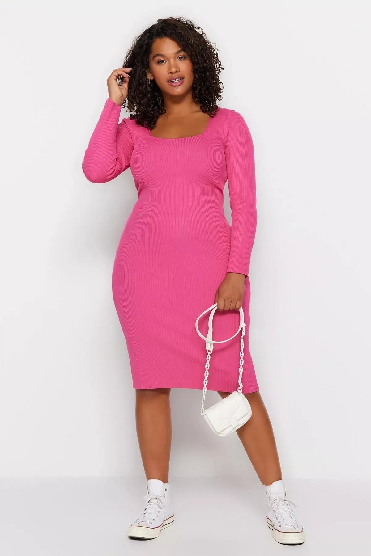 Pink Bodycon Plus Size Dress, Fuchsia, large image number 0
