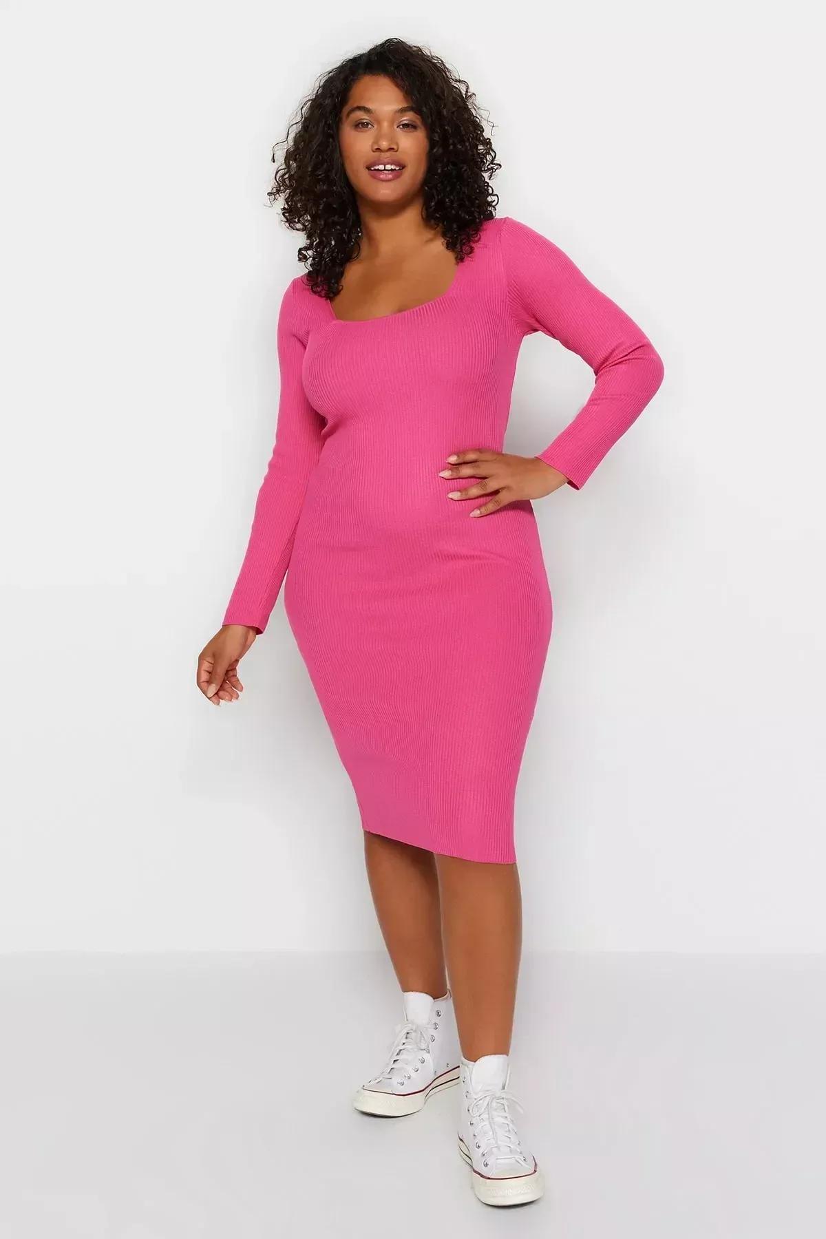 Pink Bodycon Plus Size Dress, Fuchsia, large image number 2