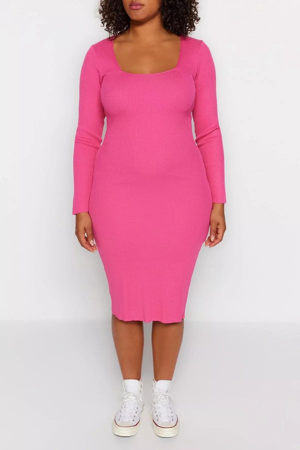 Pink Bodycon Plus Size Dress, Fuchsia, large image number 3
