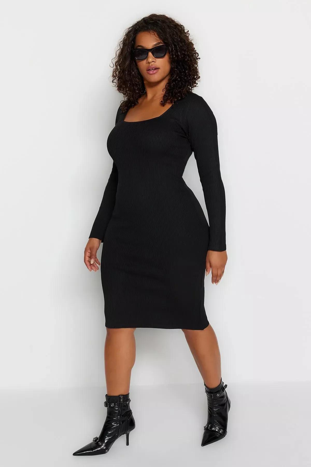 Black Bodycon Plus Size Dress, BLACK, large image number 0