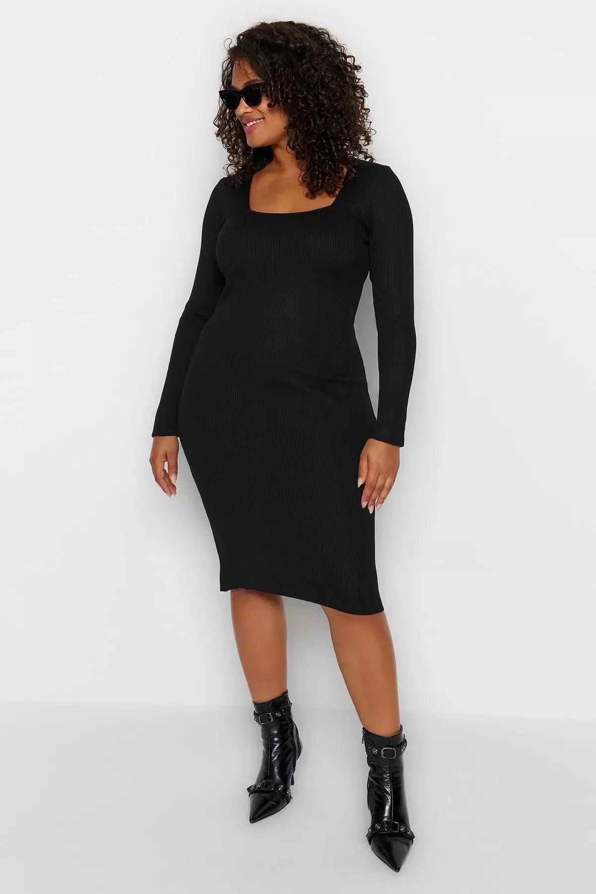Black Bodycon Plus Size Dress, BLACK, large image number 1