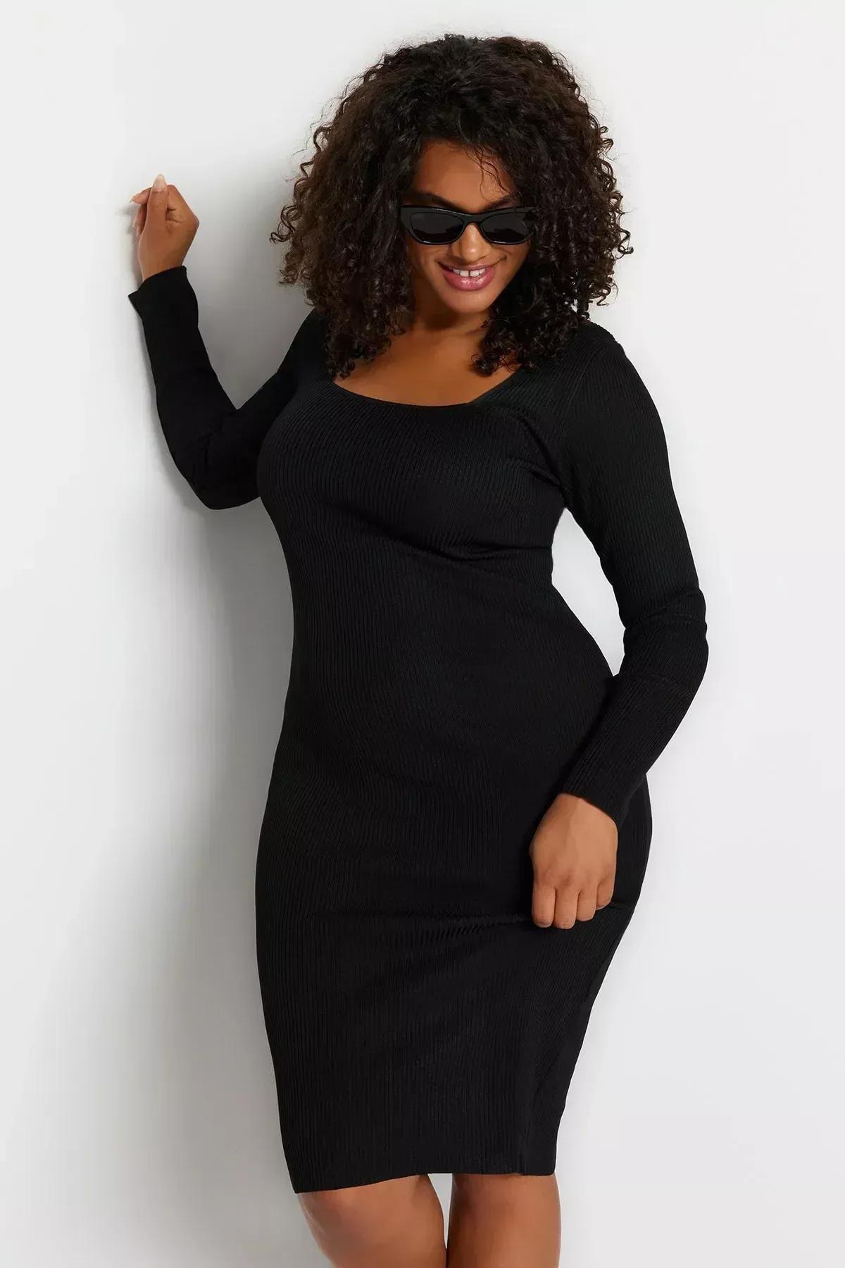 Black Bodycon Plus Size Dress, BLACK, large image number 2