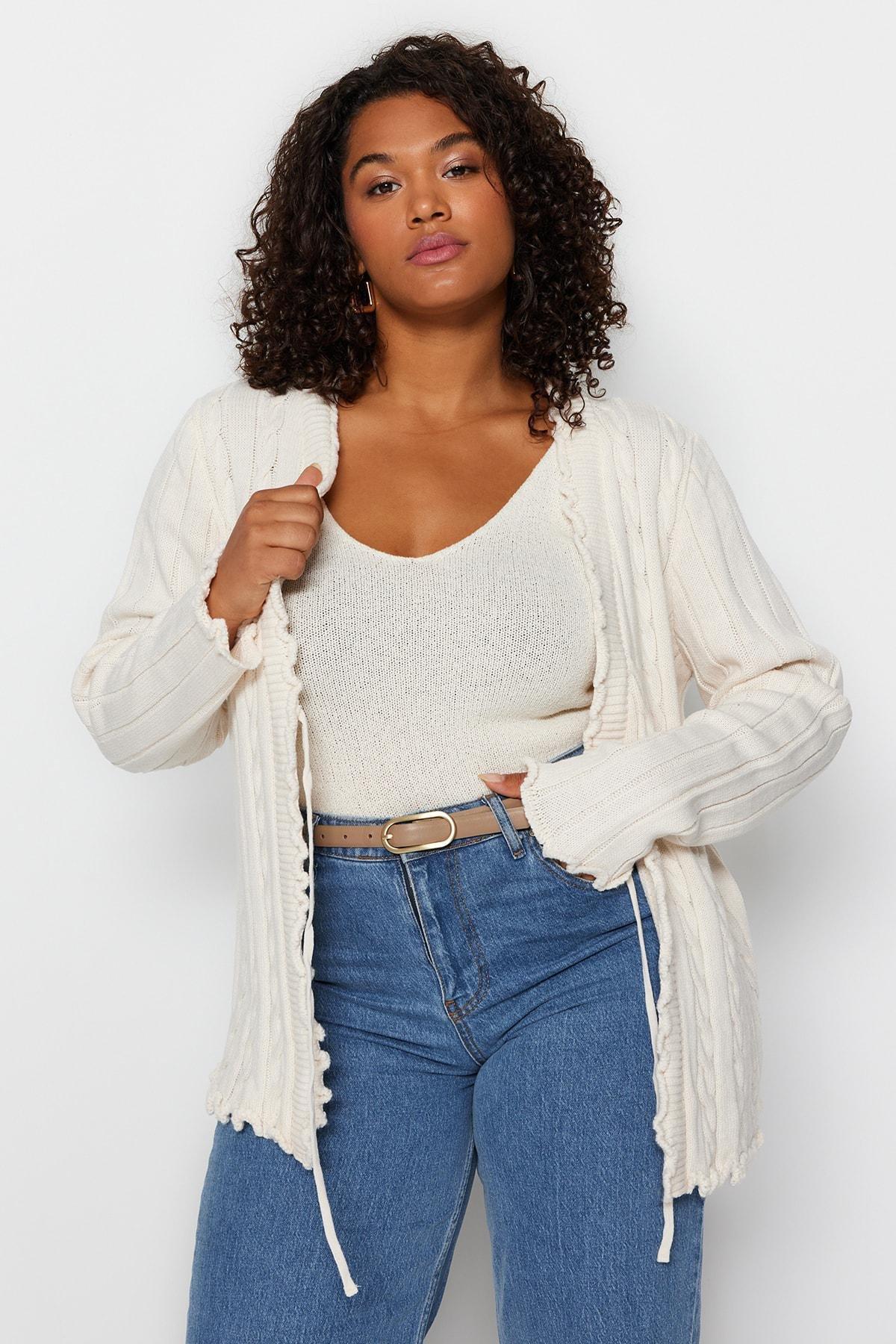Cream Knitted Plus Size Cardigan, , large image number 0