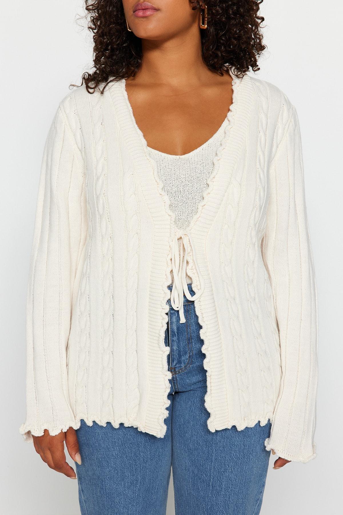 Cream Knitted Plus Size Cardigan, , large image number 1