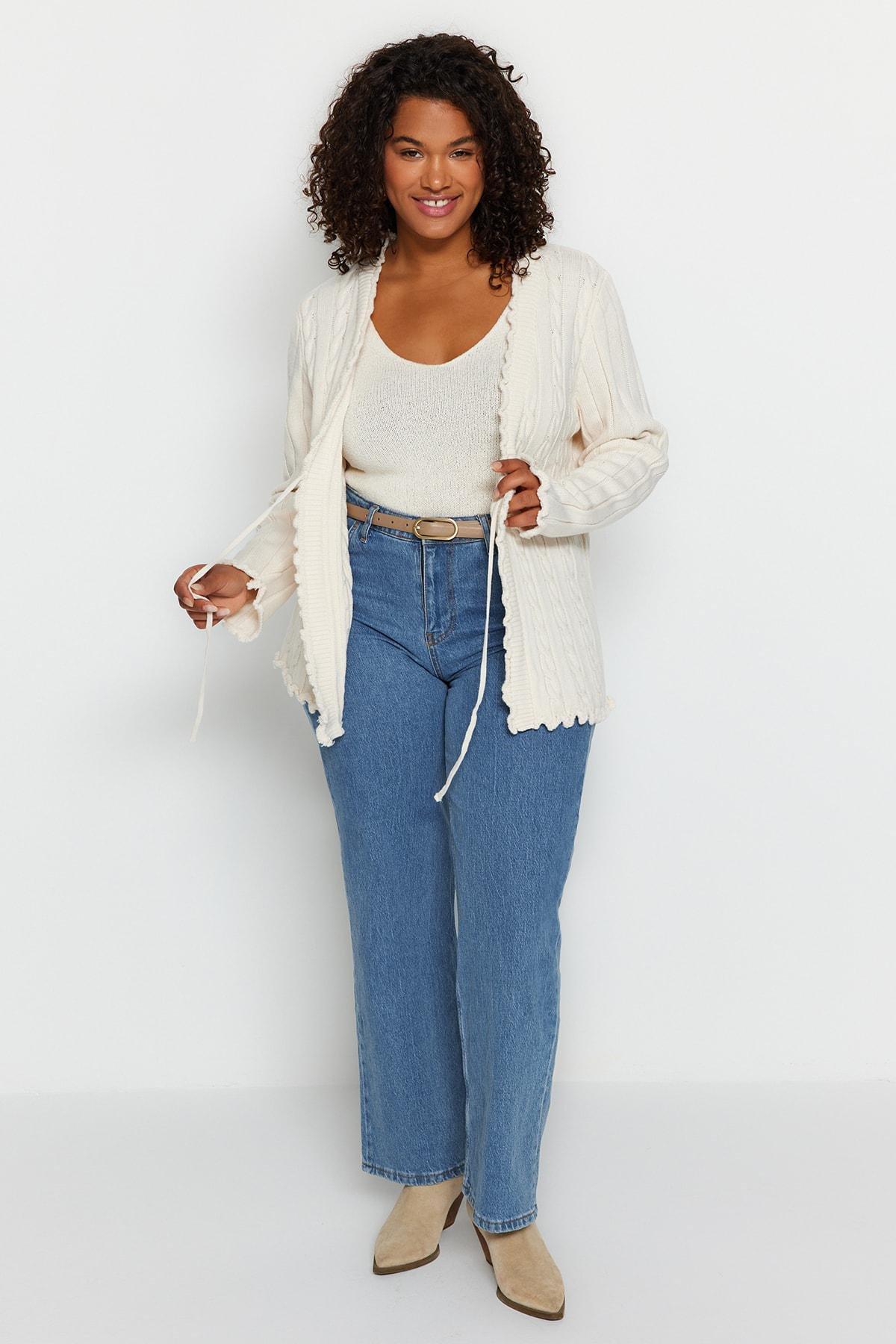Cream Knitted Plus Size Cardigan, , large image number 2