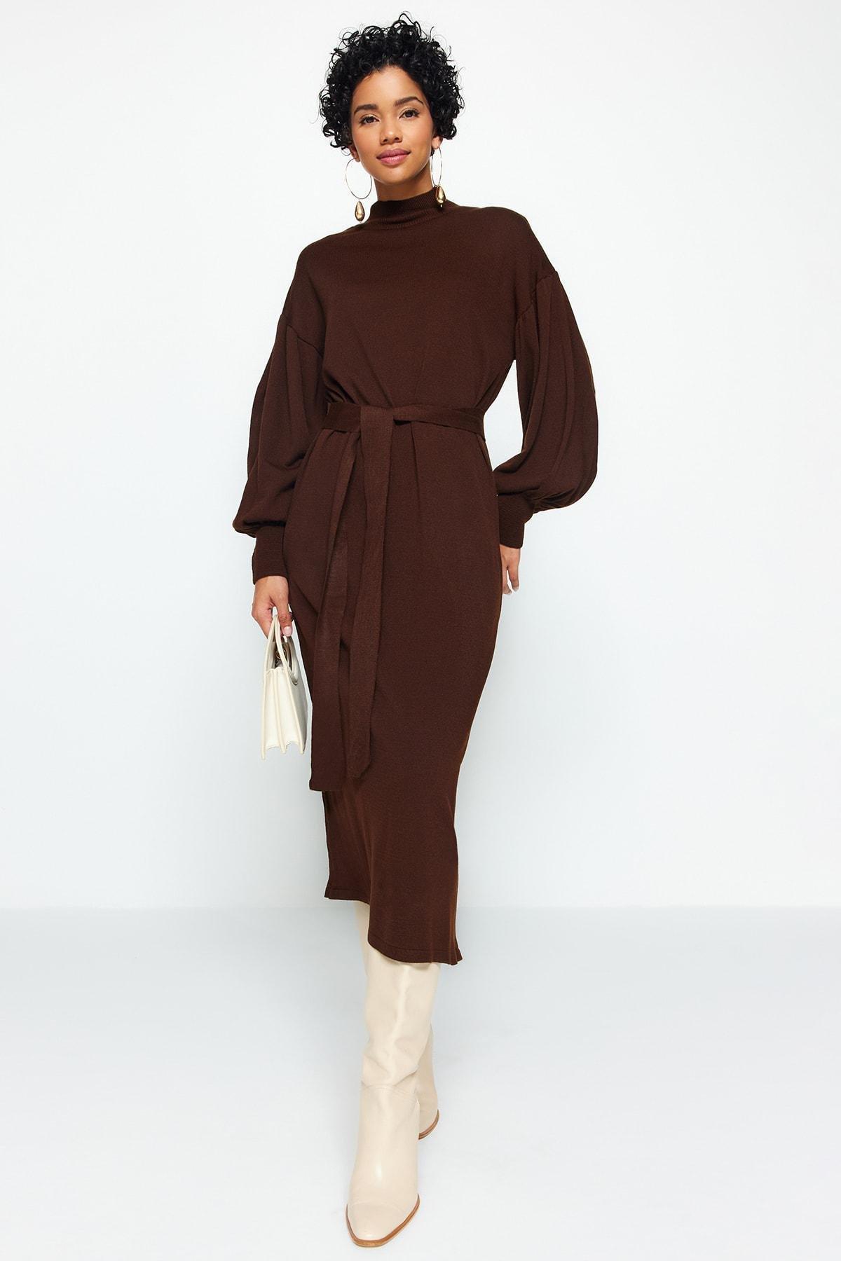 Brown Belted Half Turtleneck Knitted Dress, , large image number 0