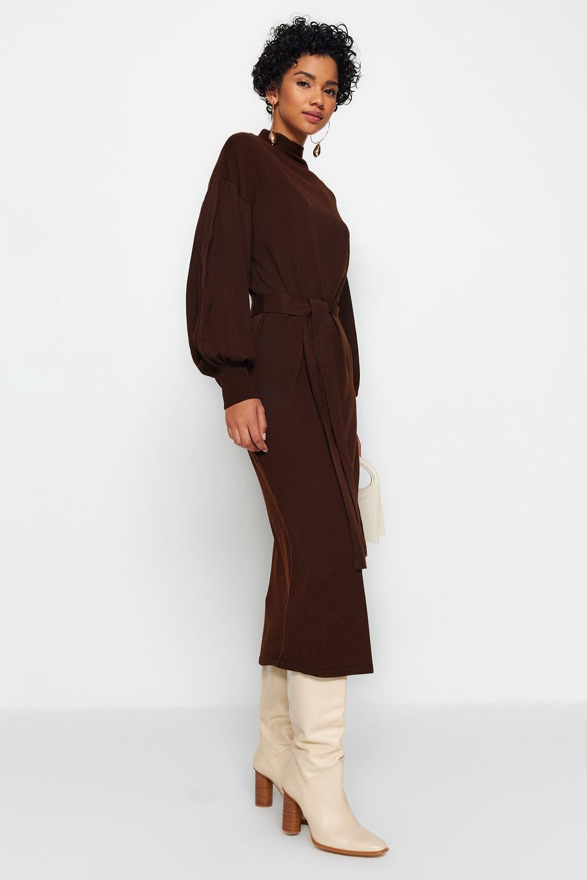 Brown Belted Half Turtleneck Knitted Dress, , large image number 1