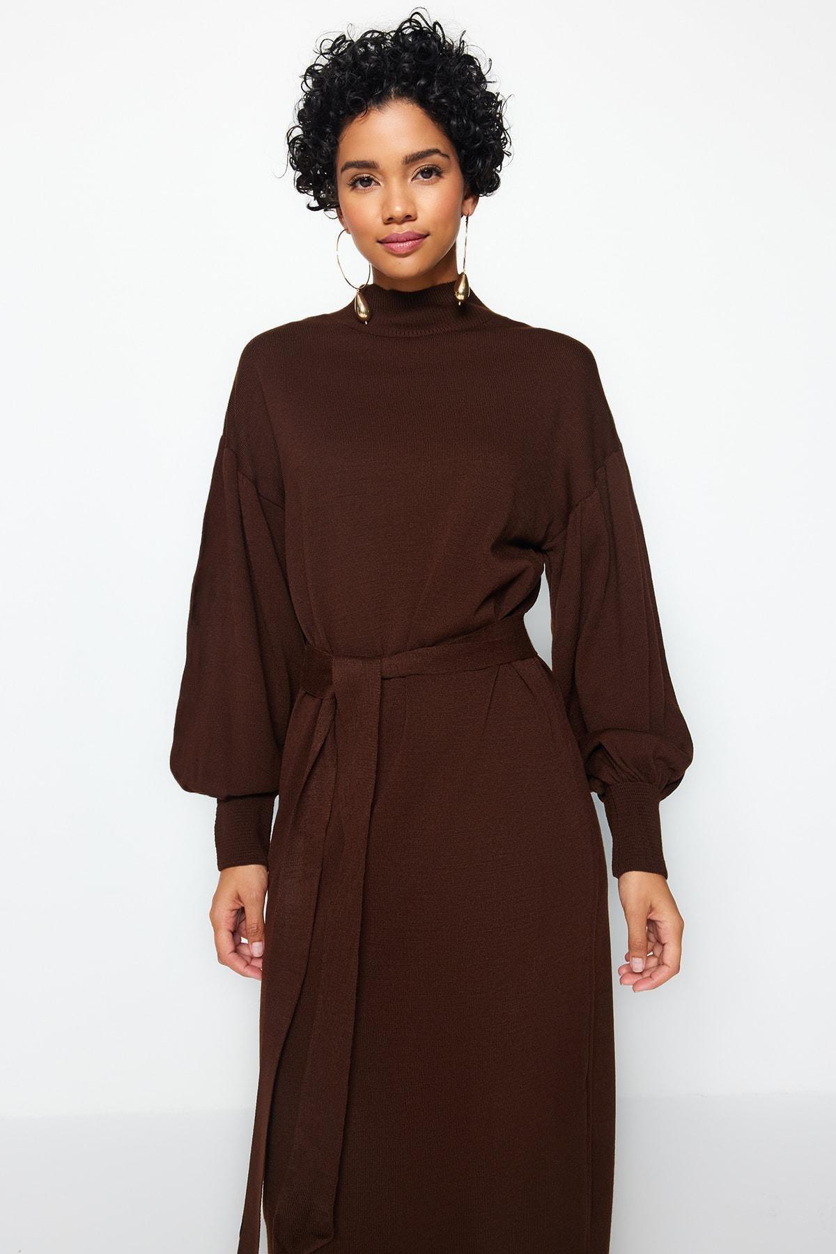 Brown Belted Half Turtleneck Knitted Dress, , large image number 2