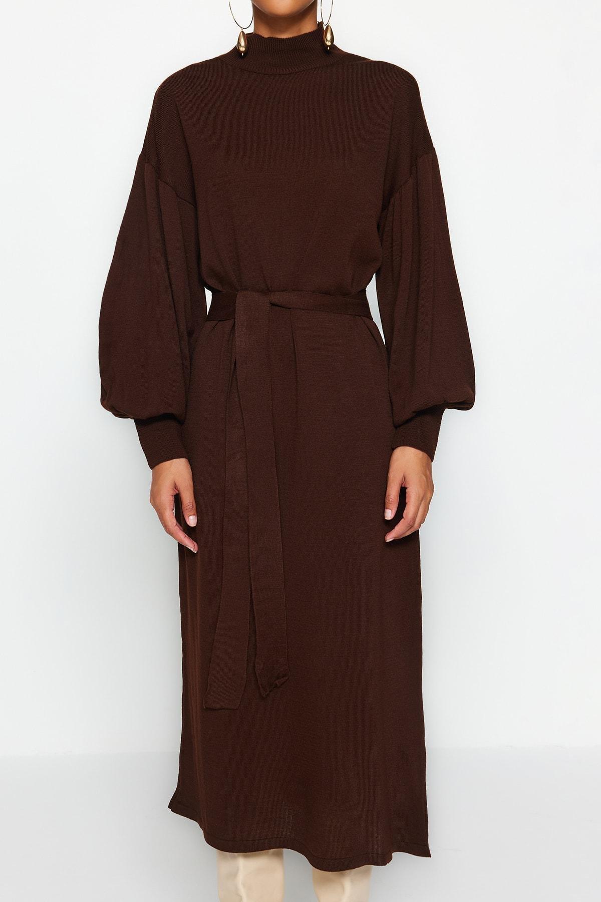 Brown Belted Half Turtleneck Knitted Dress, , large image number 3