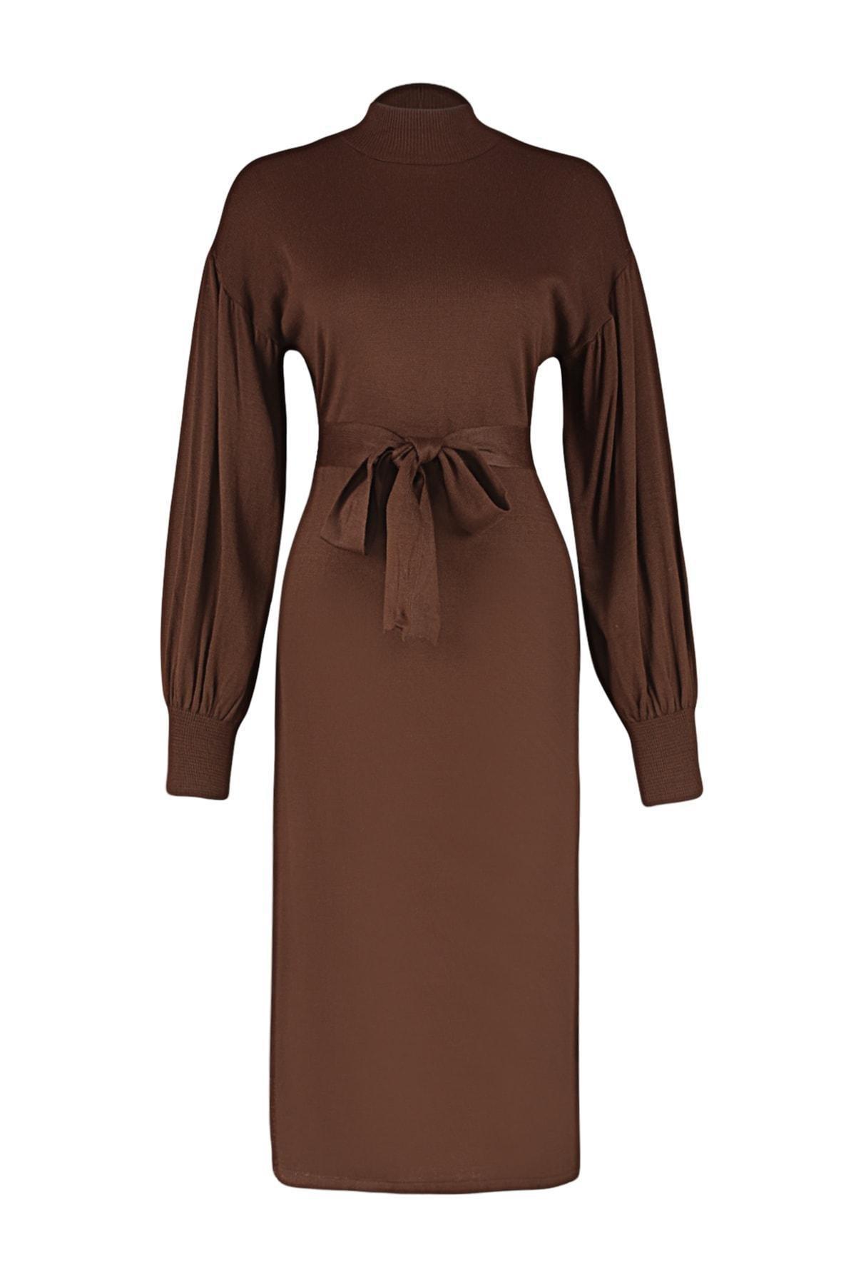 Brown Belted Half Turtleneck Knitted Dress, , large image number 5