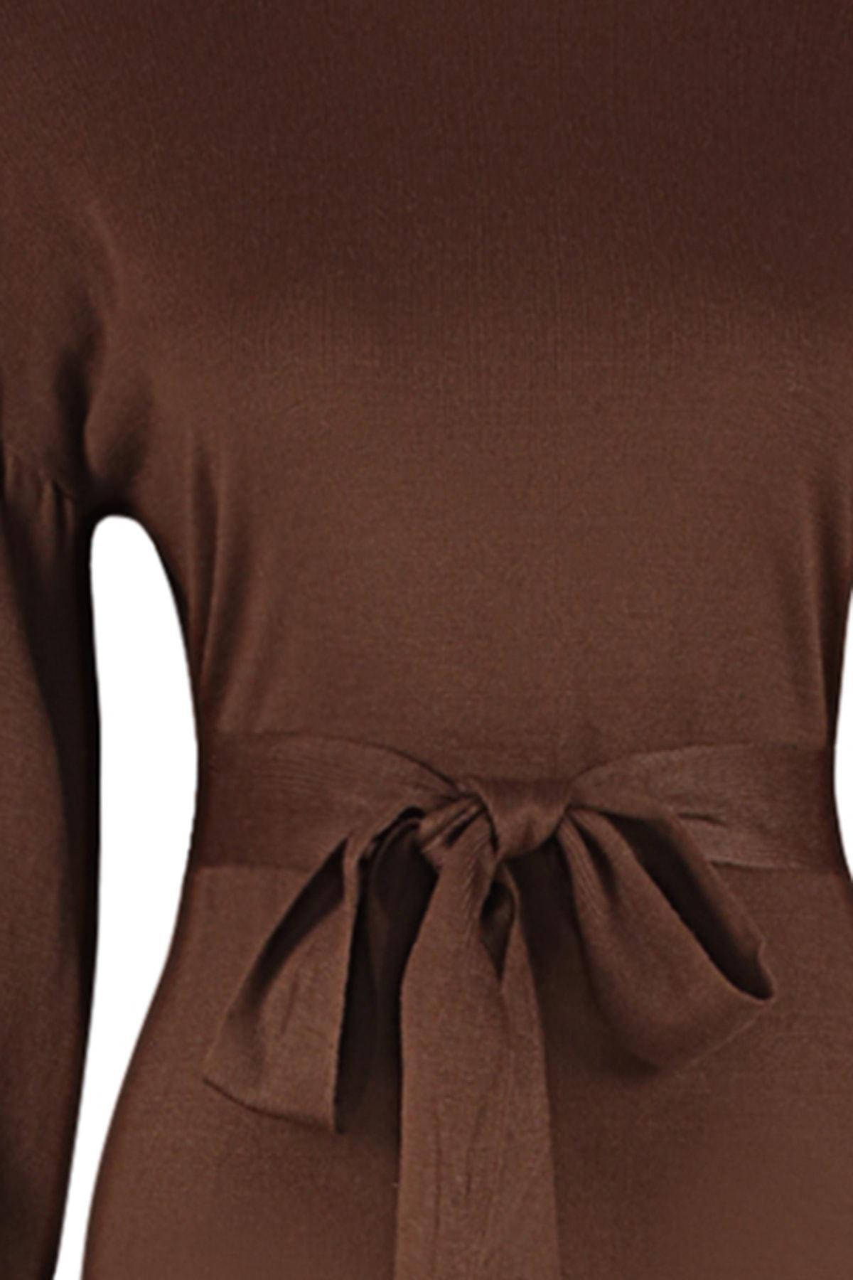 Brown Belted Half Turtleneck Knitted Dress, , large image number 6
