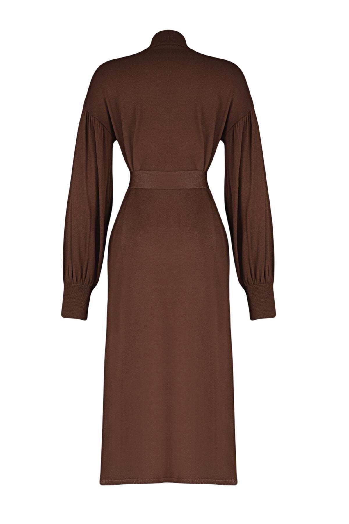 Brown Belted Half Turtleneck Knitted Dress, , large image number 7