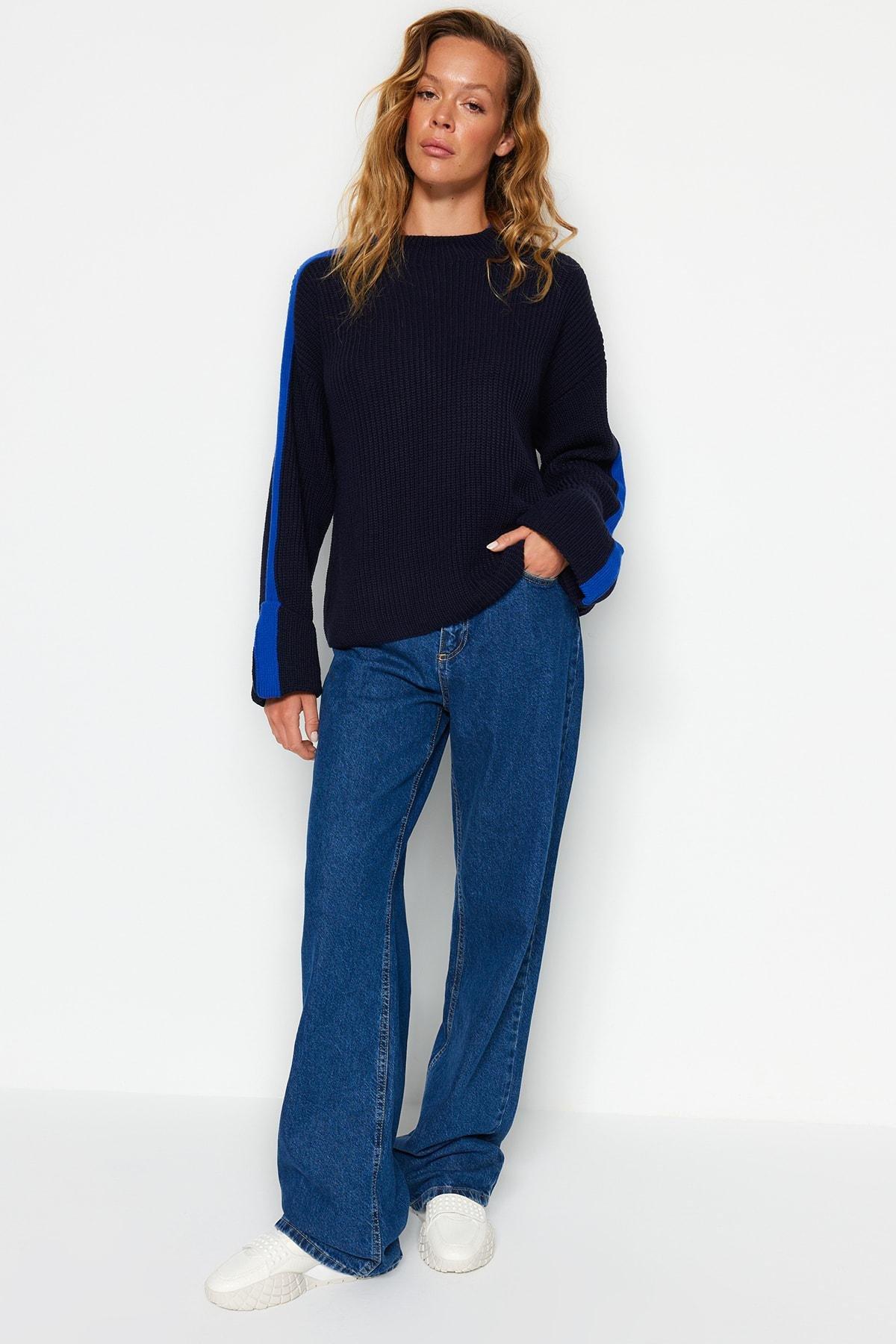 Navy Oversize Off-Shoulder Sweater, , large image number 1