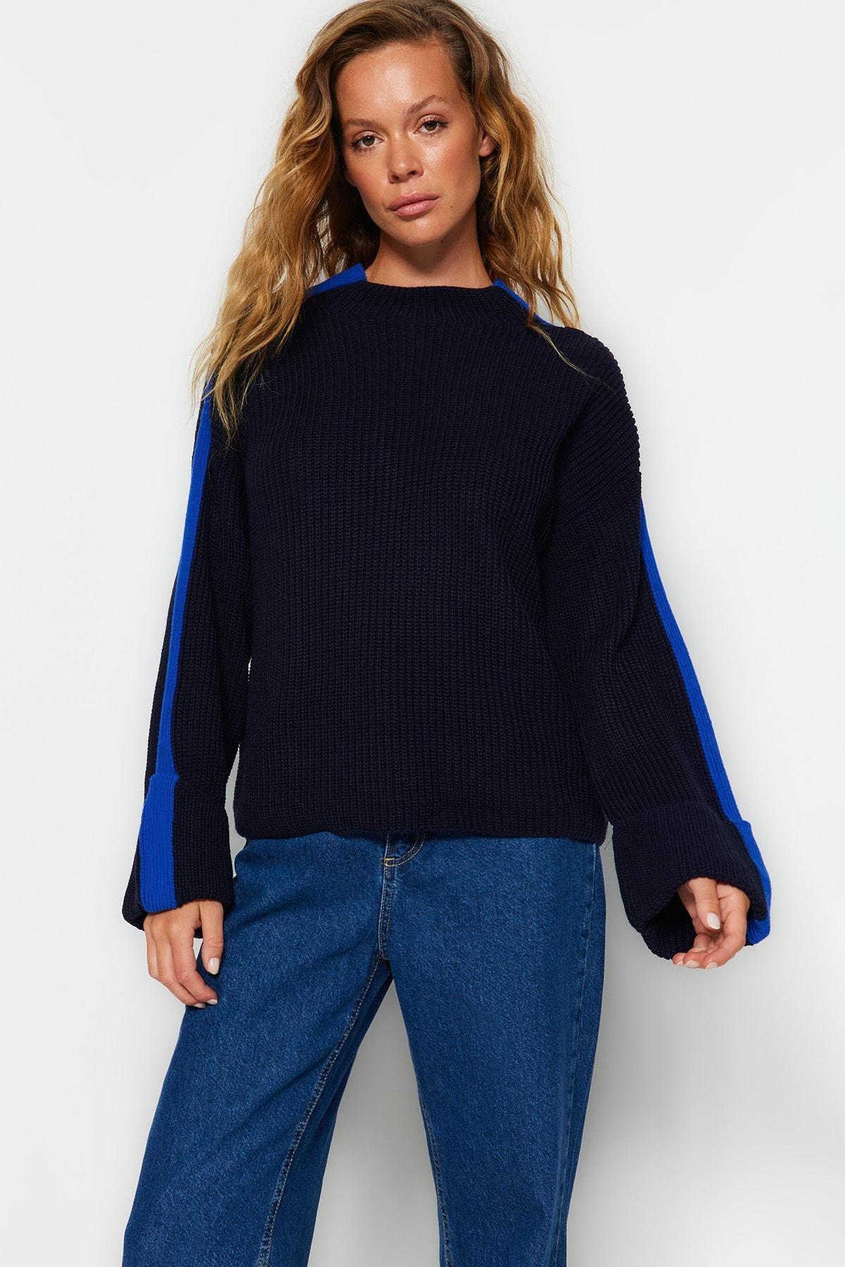 Navy Oversize Off-Shoulder Sweater, , large image number 2