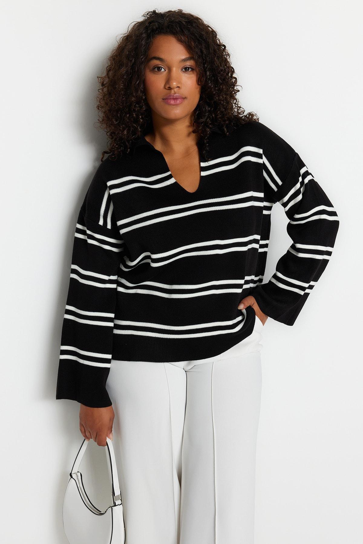 Black Striped Plus Size Sweater, , large image number 0