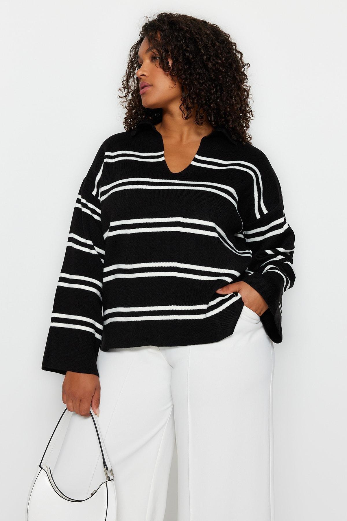 Black Striped Plus Size Sweater, , large image number 1