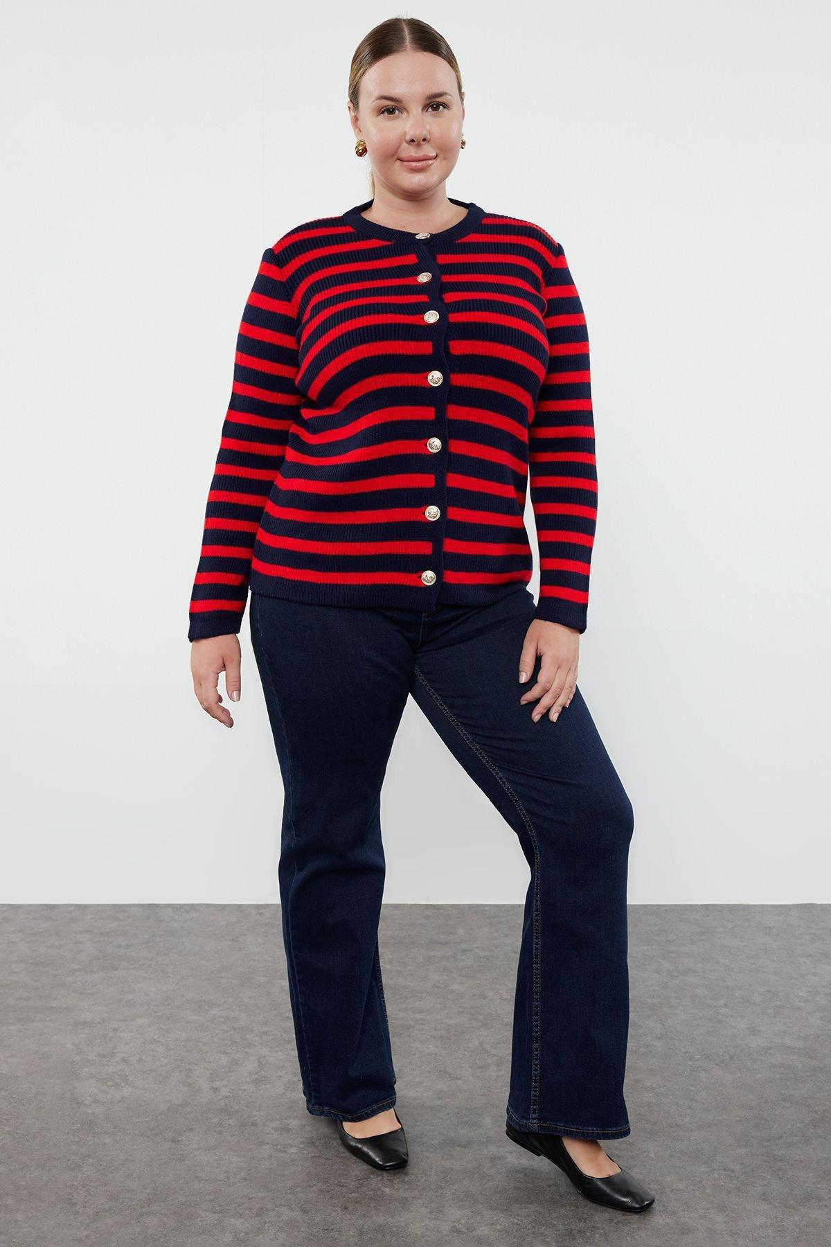 Navy-Red Knit Cardigan, Navy Blue-Red, large image number 1