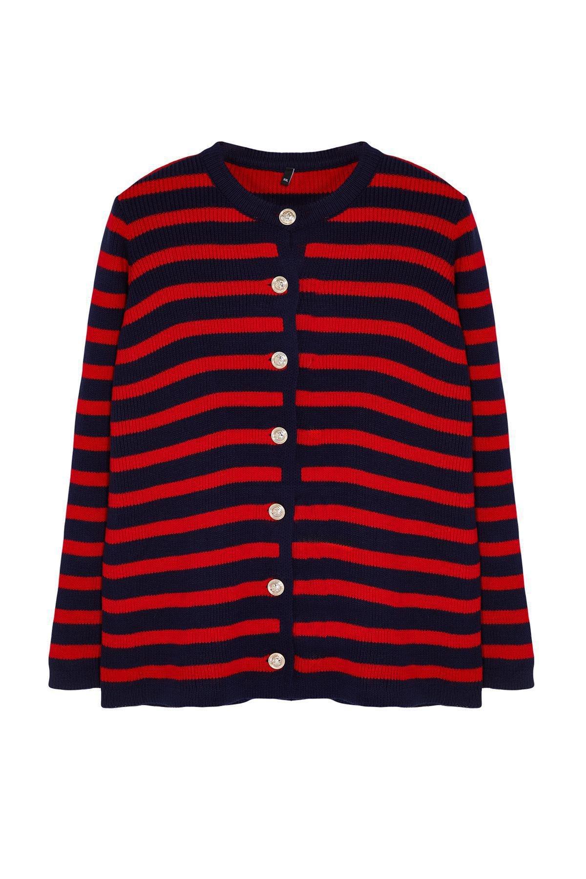 Navy-Red Knit Cardigan, Navy Blue-Red, large image number 2