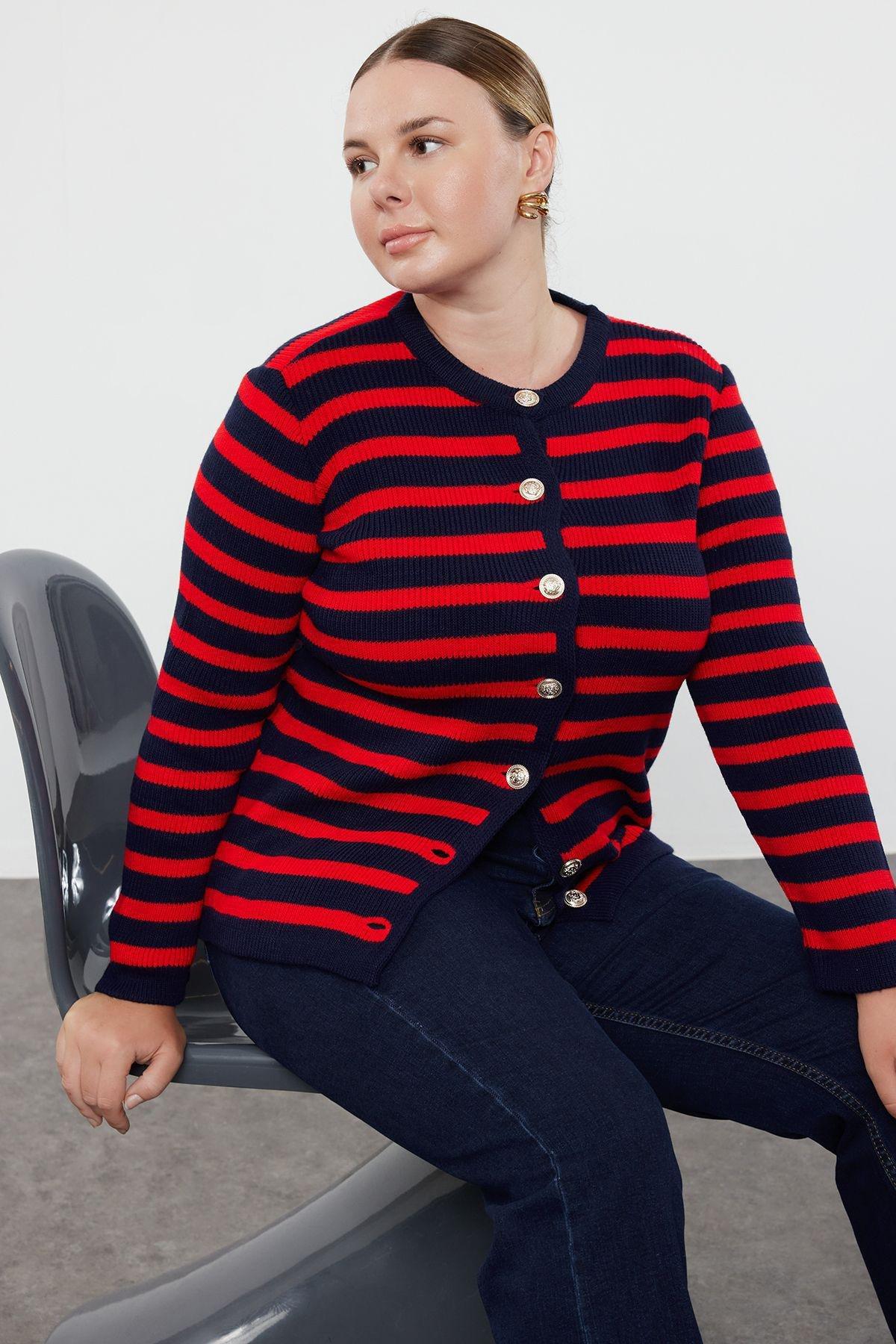 Navy-Red Knit Cardigan, Navy Blue-Red, large image number 5