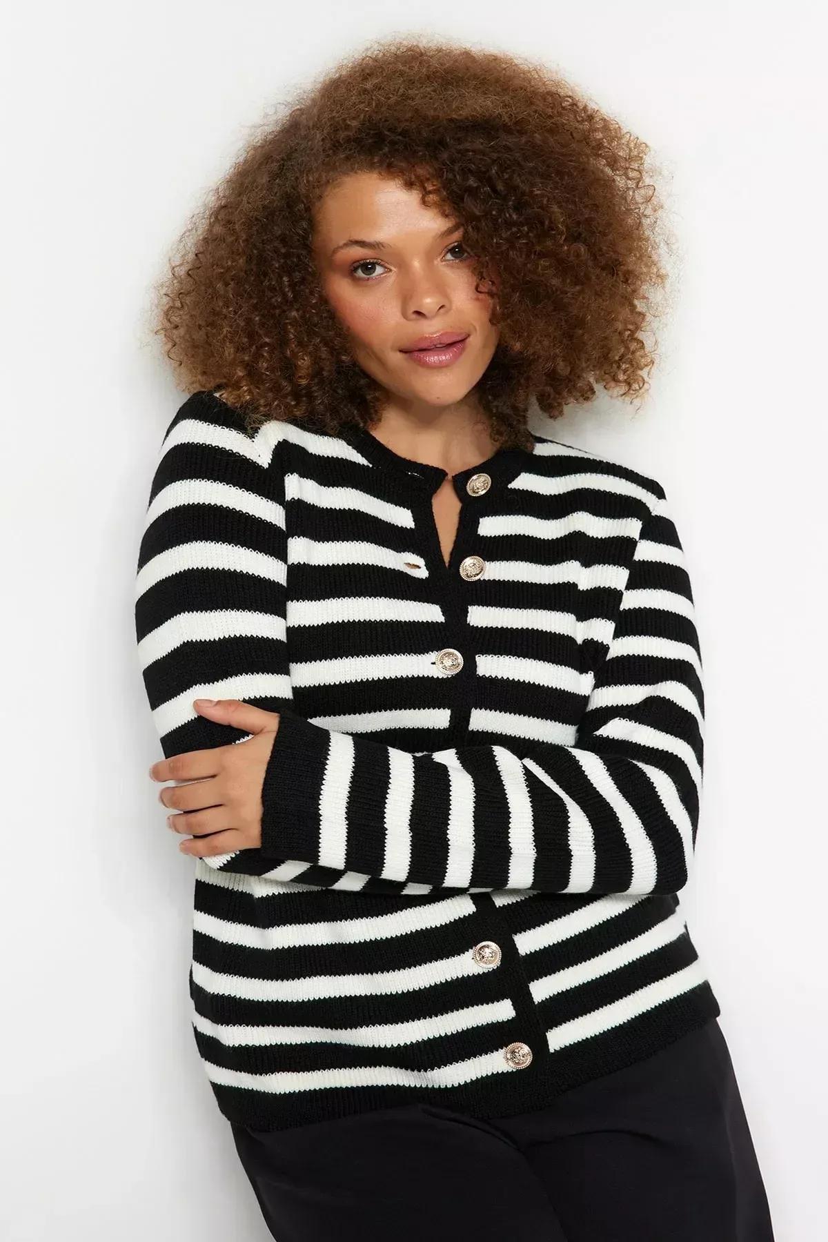 Striped Knitted Cardigan, BLACK WHITE, large image number 0