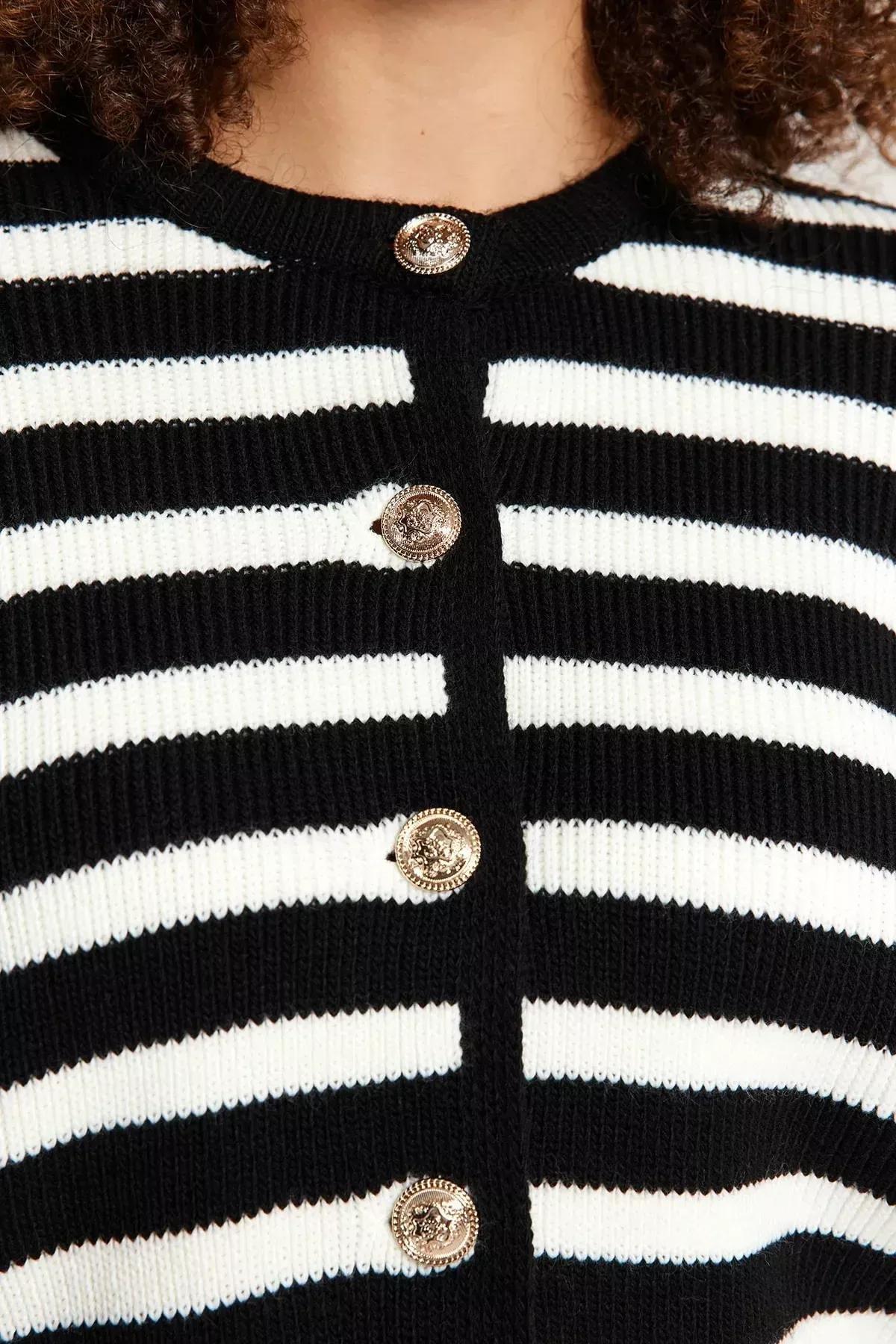 Striped Knitted Cardigan, BLACK WHITE, large image number 2