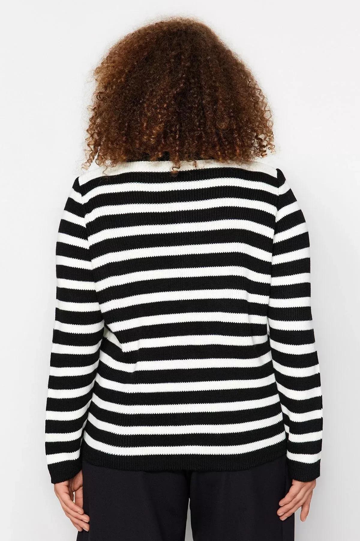 Striped Knitted Cardigan, BLACK WHITE, large image number 3