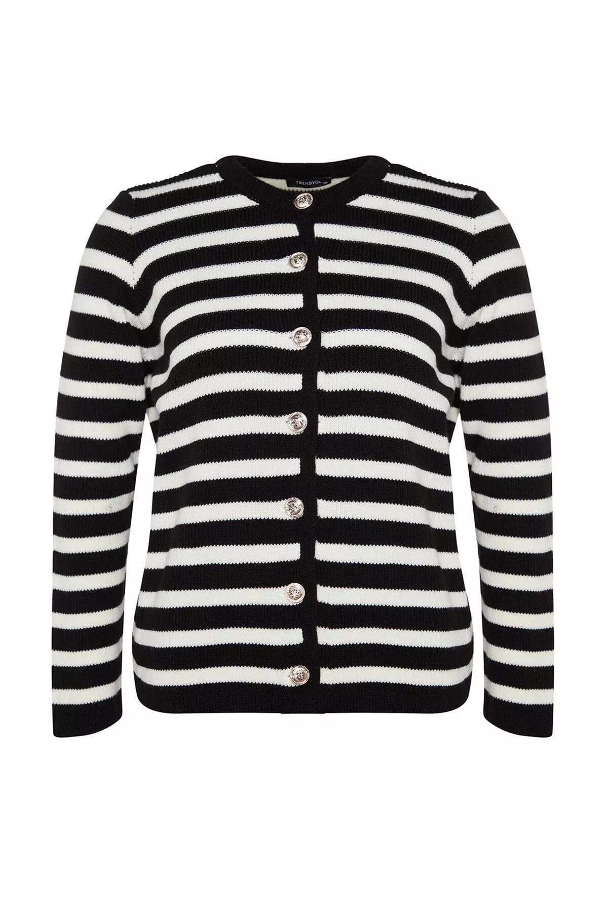 Striped Knitted Cardigan, BLACK WHITE, large image number 5