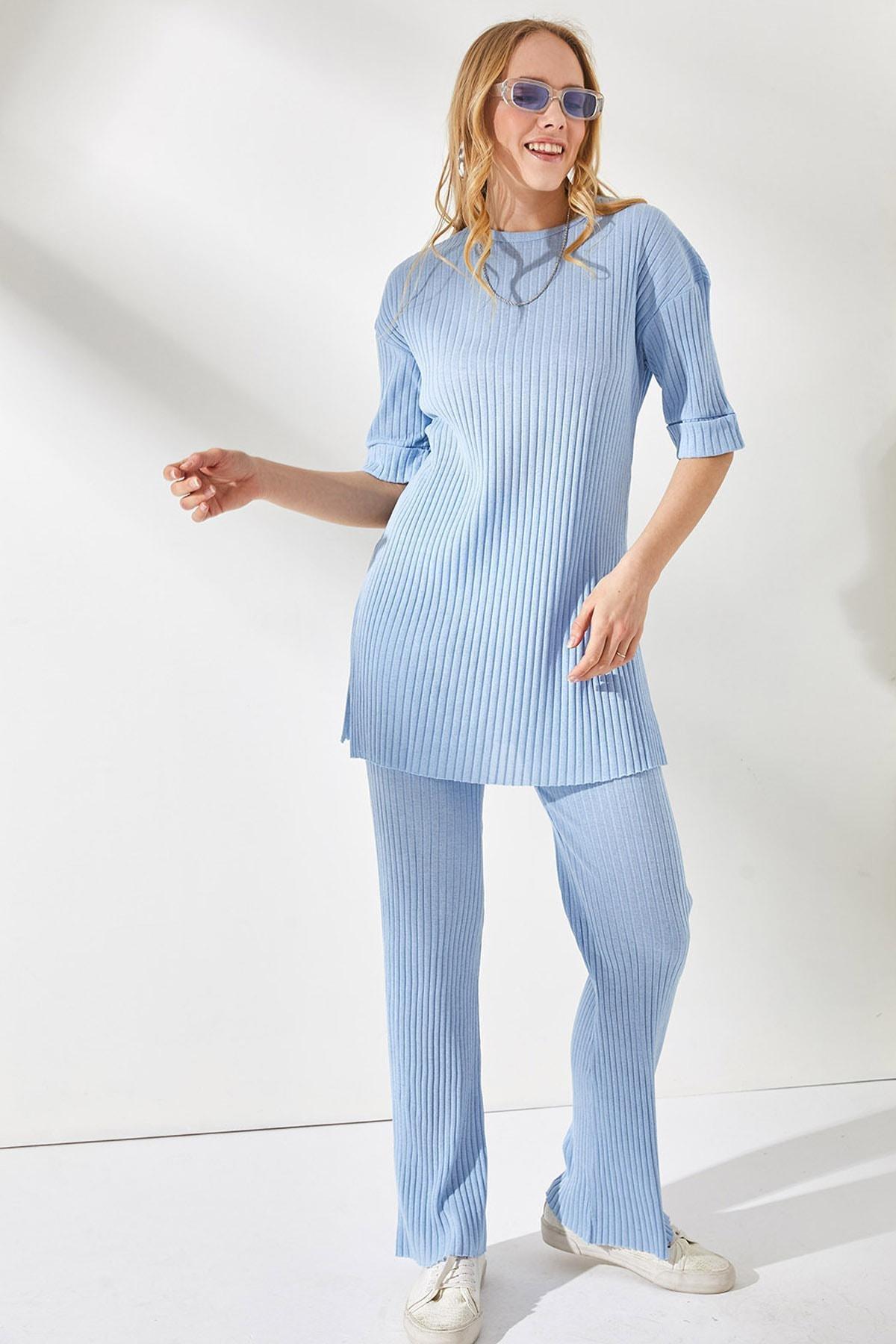 Womens Baby Blue Short Sleeve Bottom Top Lycra Suit TKM-19000191, single, , large image number 2