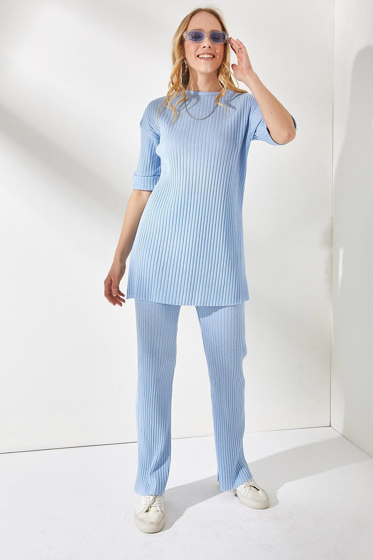 Womens Baby Blue Short Sleeve Bottom Top Lycra Suit TKM-19000191, single, , large image number 3