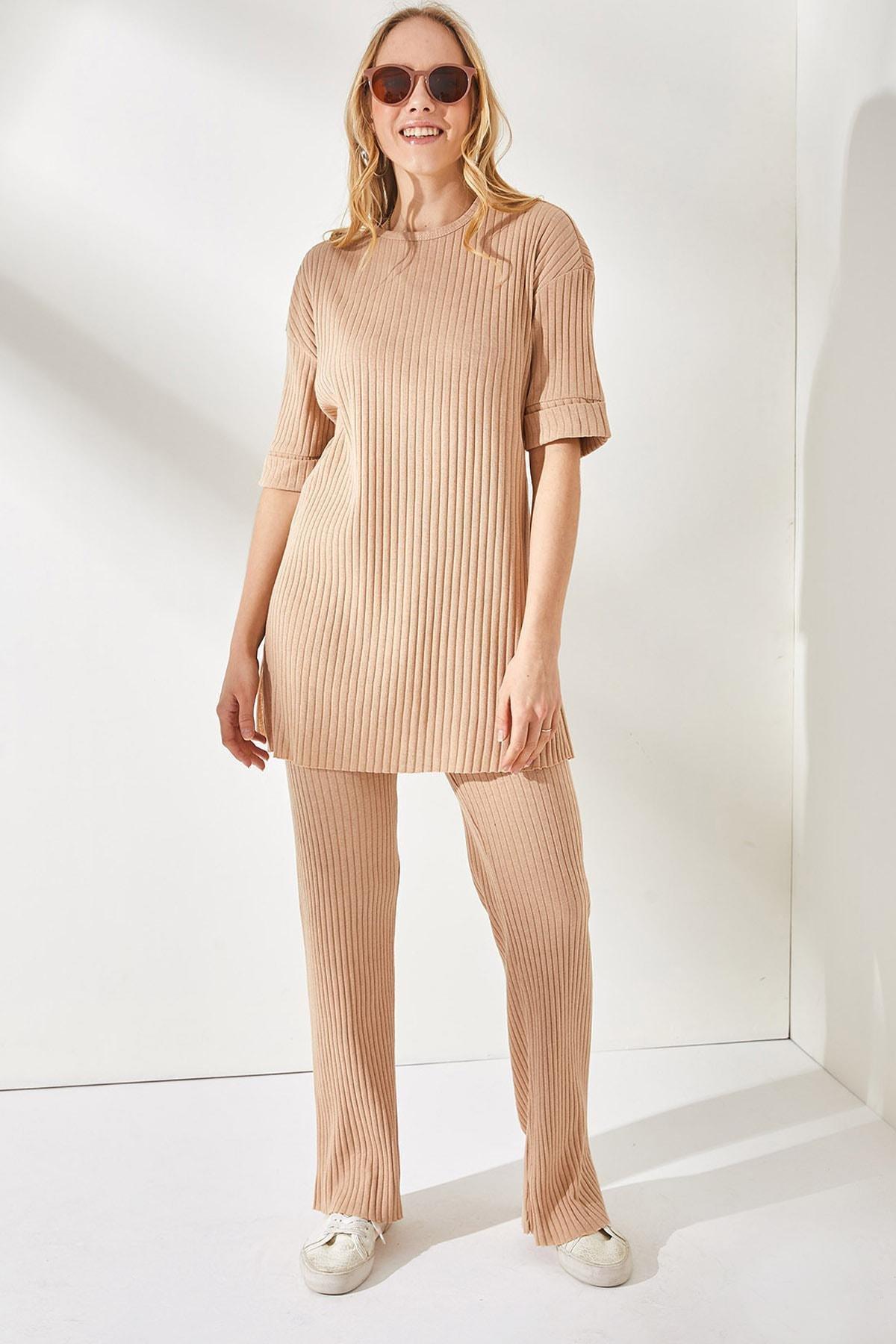 Beige Short-Sleeve Lycra Co-Ord Set, , medium